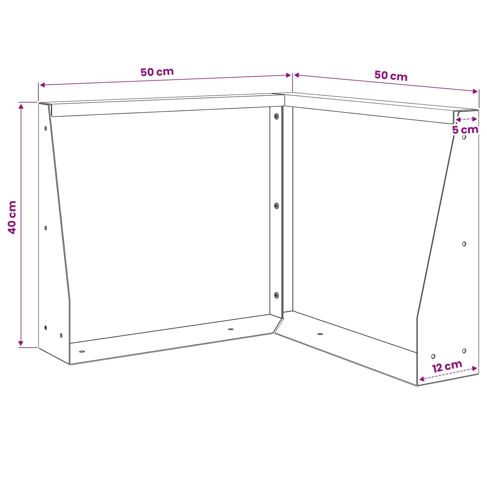 Diagramm eines L-förmigen Eckregals oder Schrank-Rahmens mit beschrifteten Abmessungen: 50 cm mal 50 cm, 40 cm hoch, 12 cm tief und 5 cm Überstand oben.