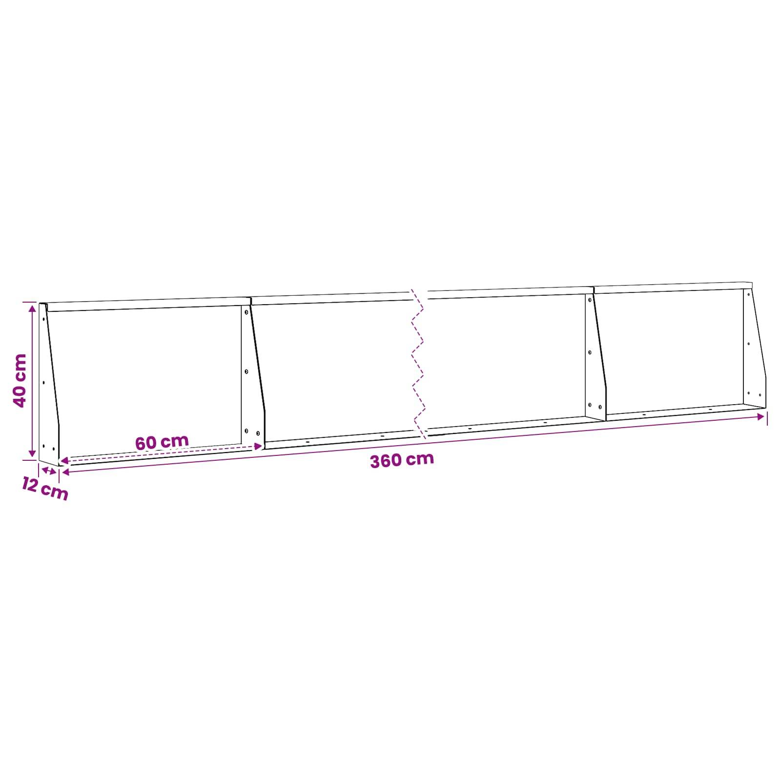 Technische Zeichnung eines langen rechteckigen Rahmenprofils, mit einer Länge von 360 cm, einer Höhe von 40 cm und einer Tiefe von 12 cm gekennzeichnet, mit einem 60 cm langen Abschnitt, der nahe dem linken Ende markiert ist.