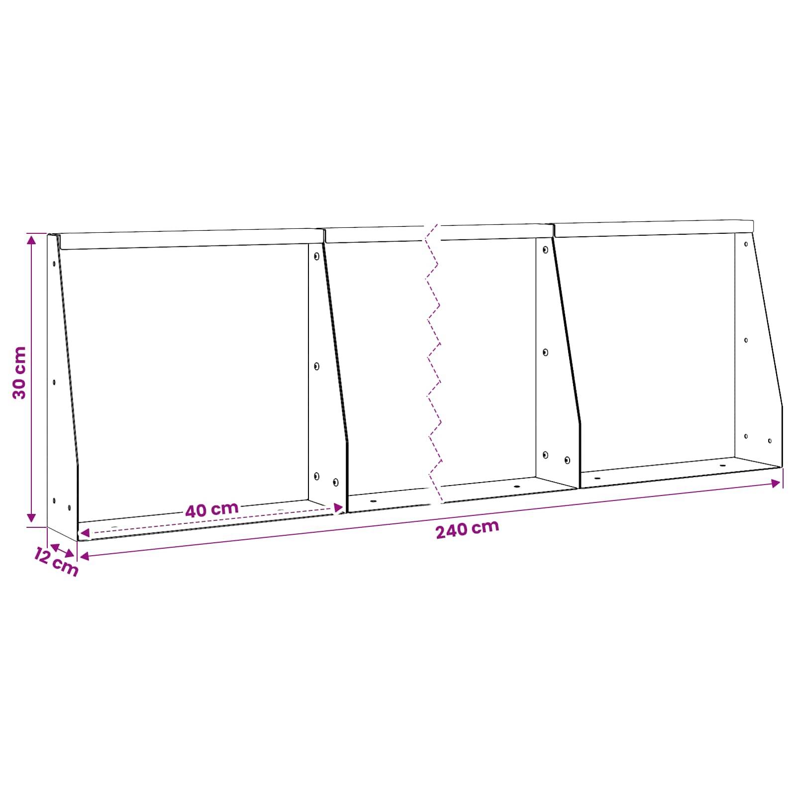 Diagramm eines rechteckigen Rahmens mit vier abgewinkelten Stützpaneelen, mit Beschriftungen: 240 cm lang, 30 cm hoch, 12 cm tief und 40 cm zwischen inneren Stützen.