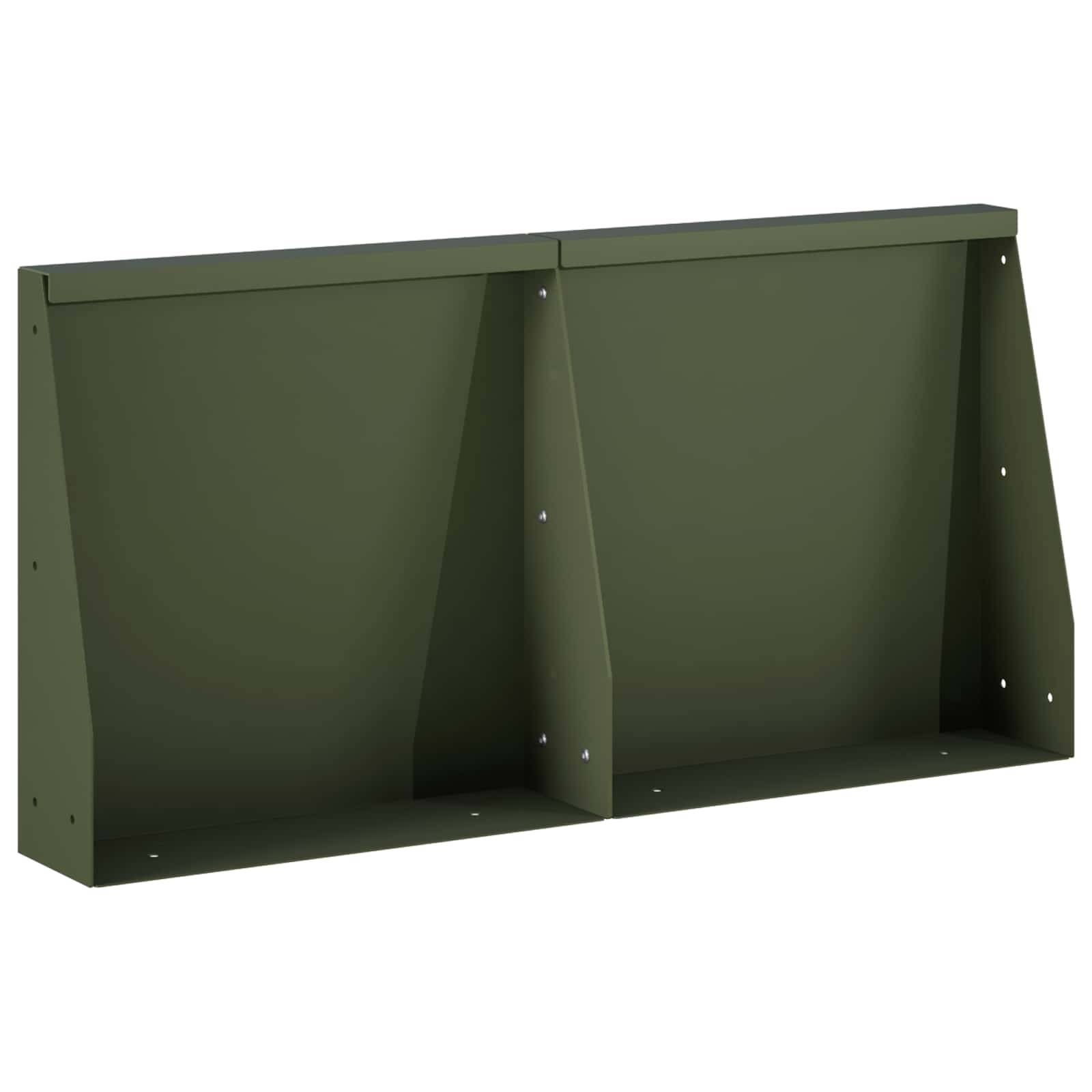 Grüner Metalllagerbehälter mit zwei offenen Fächern und Befestigungslöchern, dargestellt auf weißem Hintergrund.
