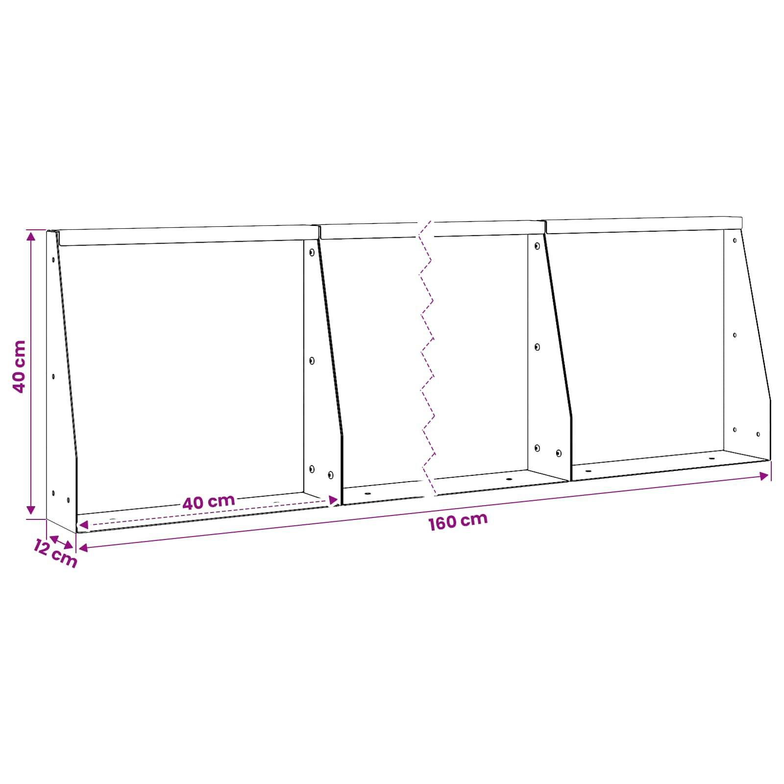 Diagramm eines langen rechteckigen Rahmens mit drei Abschnitten, beschriftet mit 160 cm Breite, 40 cm Höhe und 12 cm Tiefe, wobei ein 40-cm-Abschnitt hervorgehoben ist.