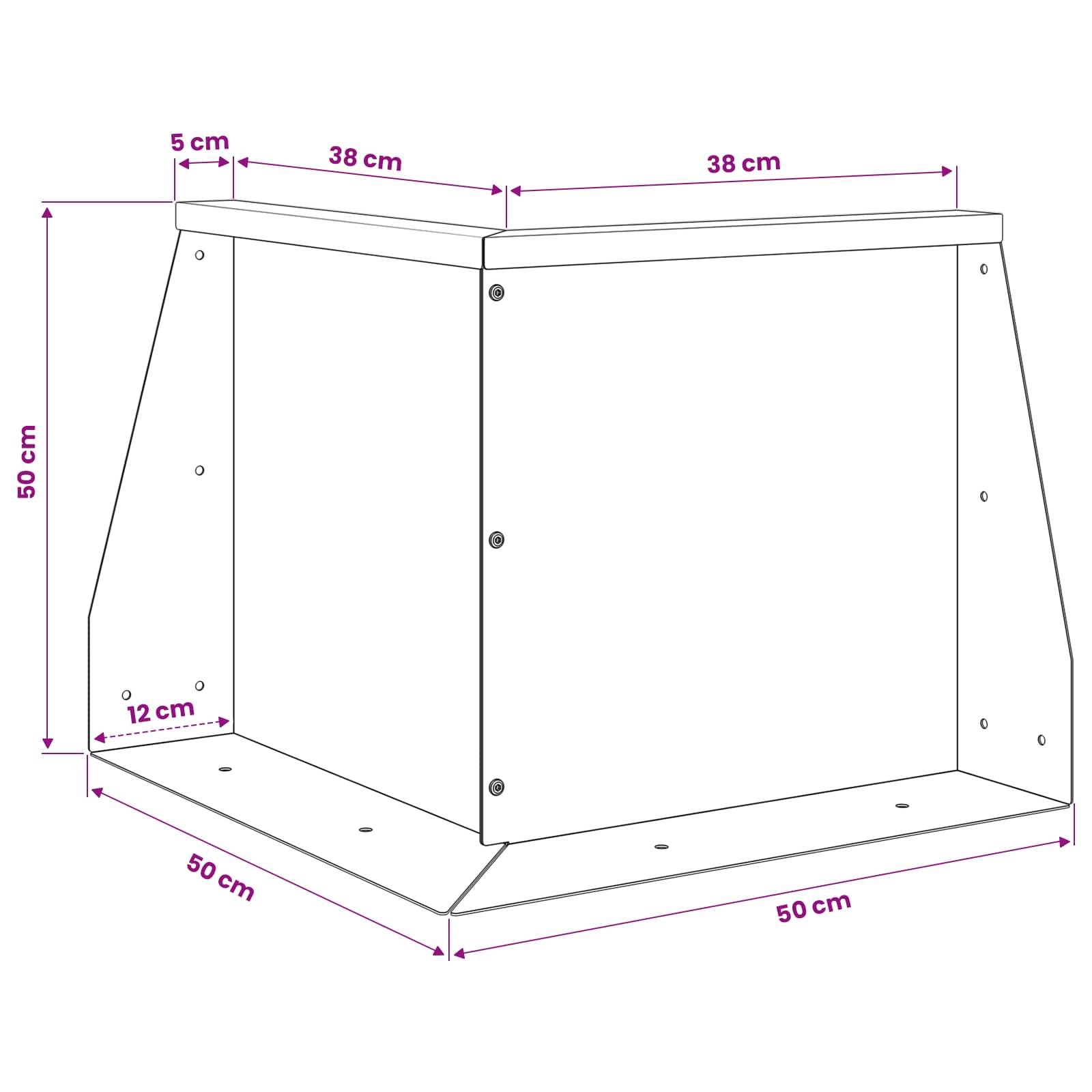 Maßstabgetreue Zeichnung eines trapezförmigen Ausstellungsstanders mit einer 50 cm Basis und Höhe, zwei 38 cm oberen Abschnitten, einer 5 cm oberen Lippe und 12 cm Seitentiefe.