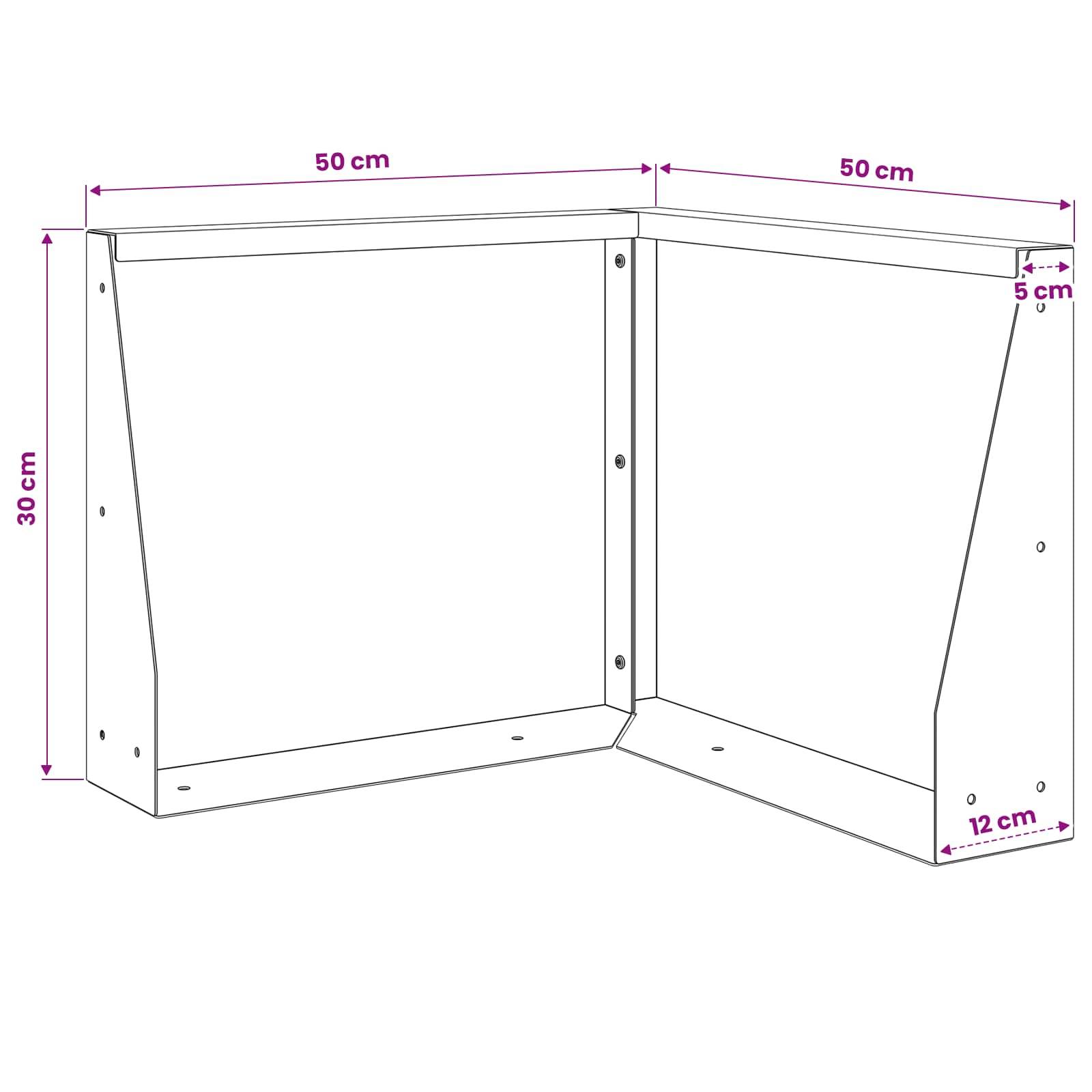 L-förmige Wandregalhalter-Skizze mit Abmessungen: 50 cm x 50 cm, 30 cm Höhe, 12 cm Tiefe und 5 cm oberer Überstand