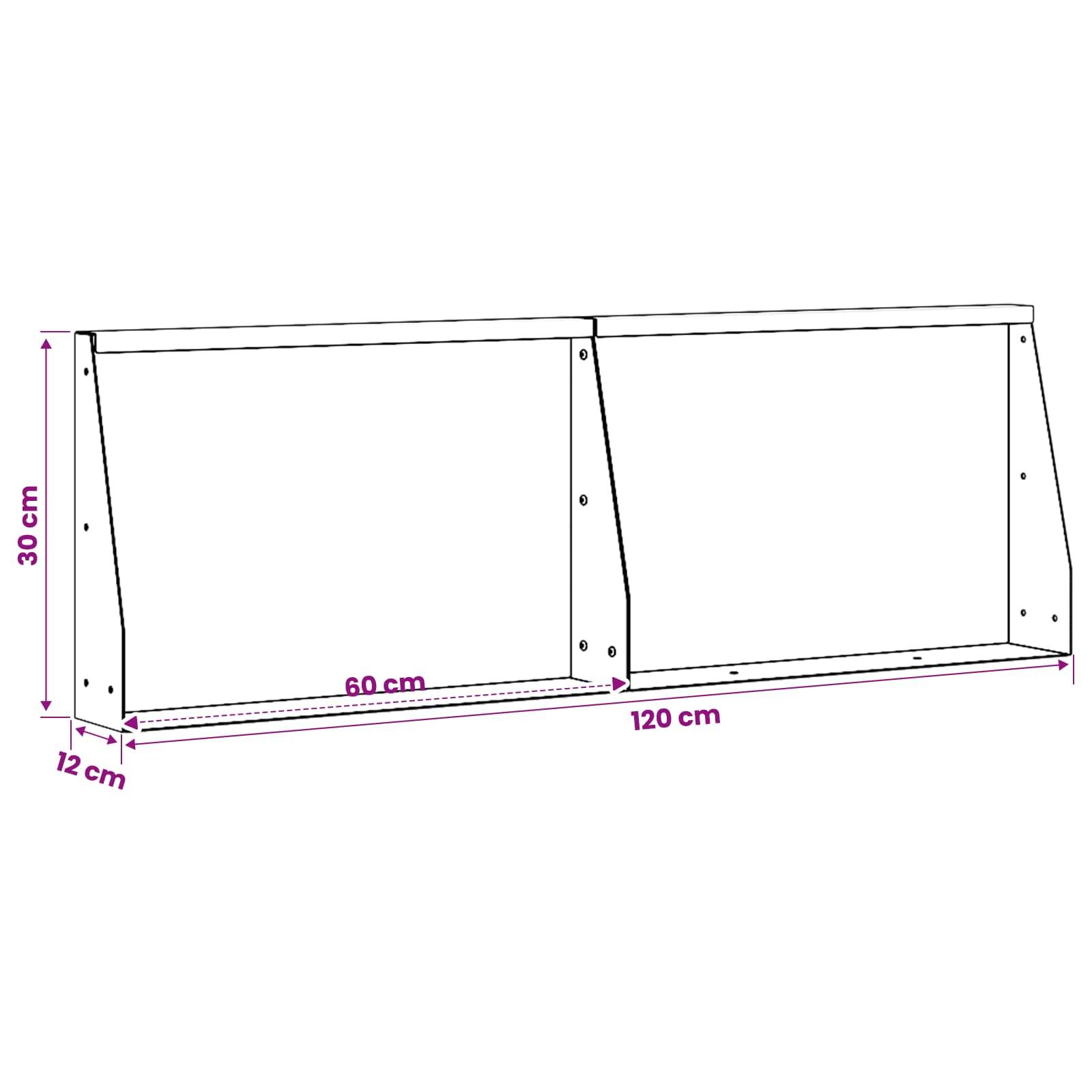 Linienzeichnung eines rechteckigen Regalrahmens mit beschrifteten Abmessungen: 120 cm lang, 30 cm hoch, 12 cm tief und 60 cm innere Spannweite.