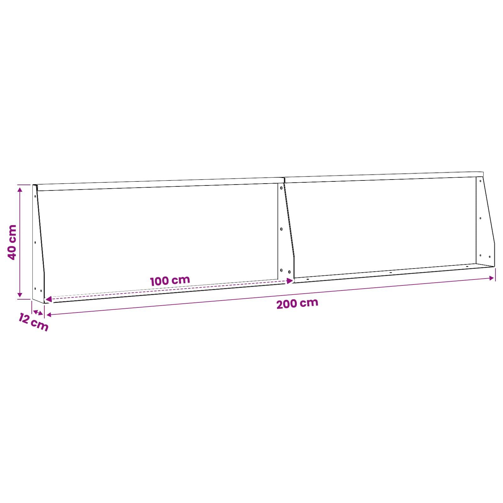 Technische Zeichnung eines langen rechteckigen Regal- oder Werkbankrahmens, mit einer Länge von 200 cm, einer Höhe von 40 cm und einer Tiefe von 12 cm, mit einem markierten 100-cm-Abschnitt an der Vorderseite.