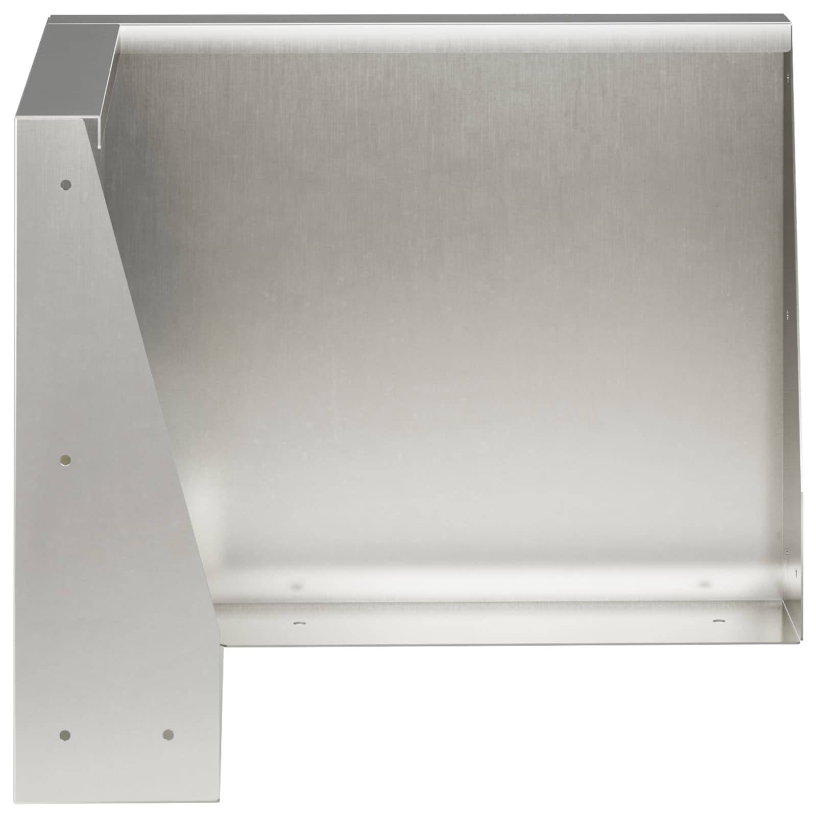 Edelstahl-Dunstabzugshaube in L-Form oder Lüftungsabdeckung mit geneigtem Seitenpanel und flacher Frontfläche.