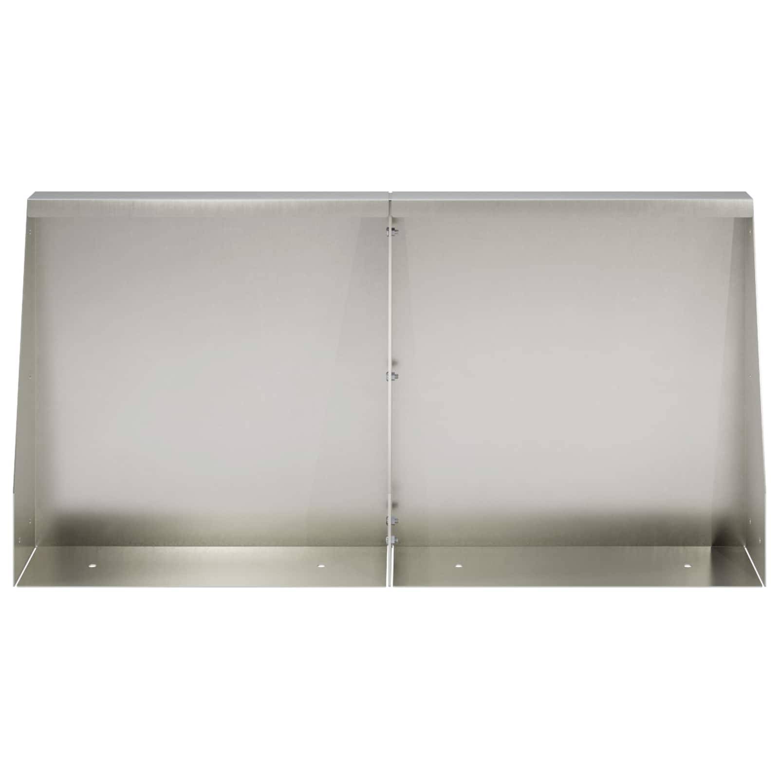 Leeres Edelstahlgehäuse oder -schrank aus Metall mit zwei offenen Fächern, von vorne auf weißem Hintergrund abgebildet.