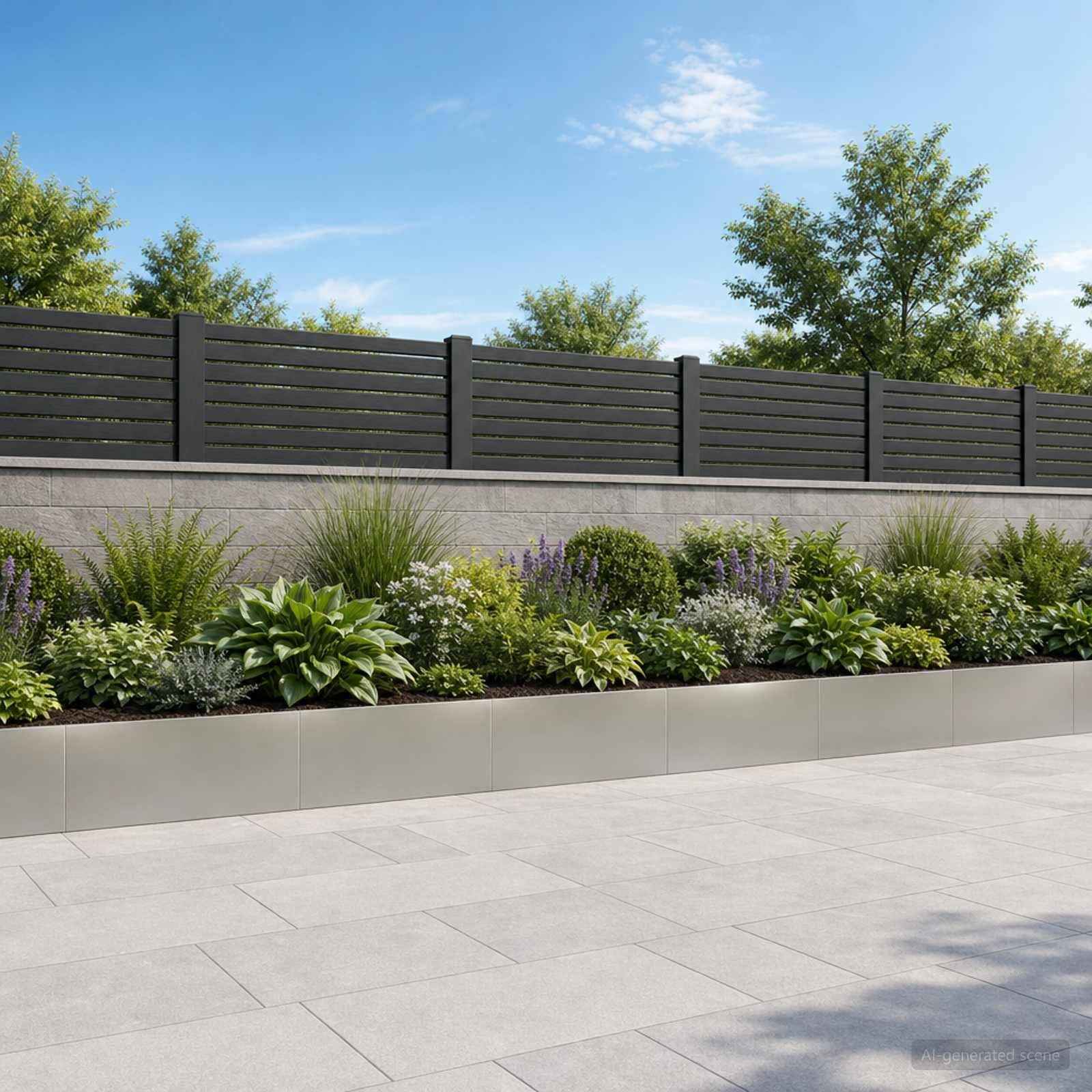 Moderner gestalteter Gartenborden mit gestaffelten Sträuchern und violetten Blüten in einem erhöhten Pflanzgefäß neben einer gepflasterten Terrasse und dunklem Lattenzaun.