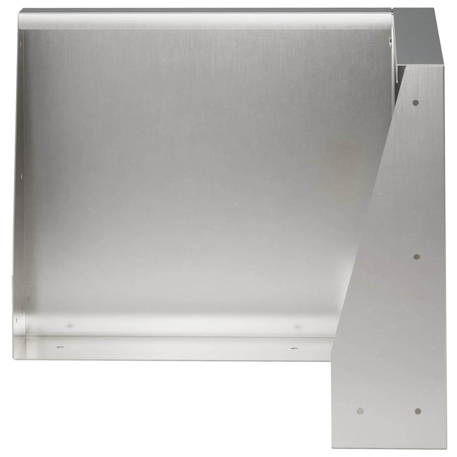 Wandmontierter Edelstahlschrank oder Gehäuse mit flacher Vorderseite und abgewinkeltem rechtem Seitenpanel.