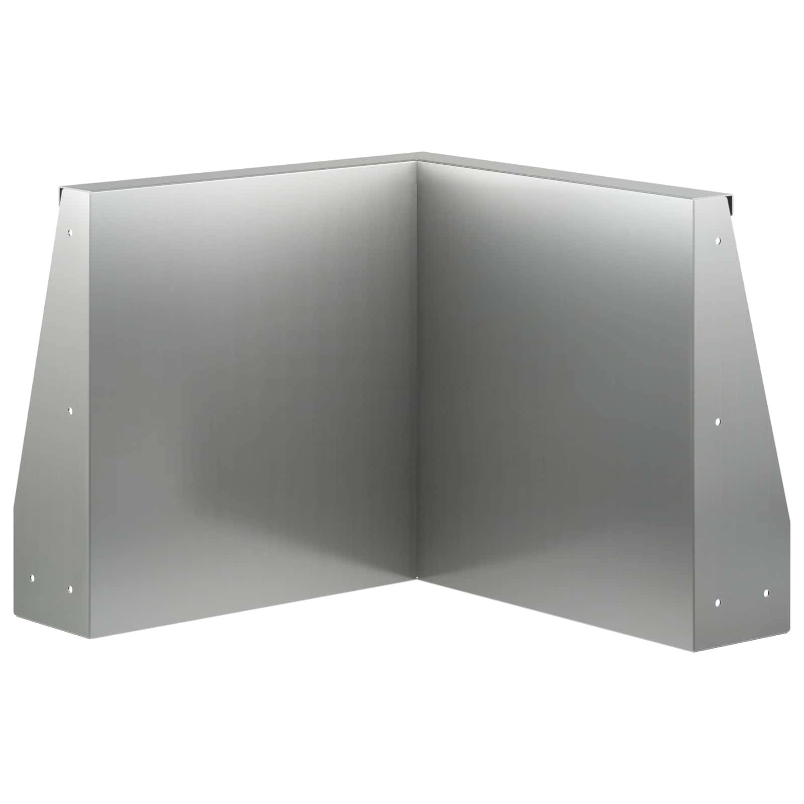 Grau metallische Dachrinnen-Eckschutzbleche mit zwei abgewinkelten Seiten und vorgebohrten Löchern, abgebildet auf weißem Hintergrund.