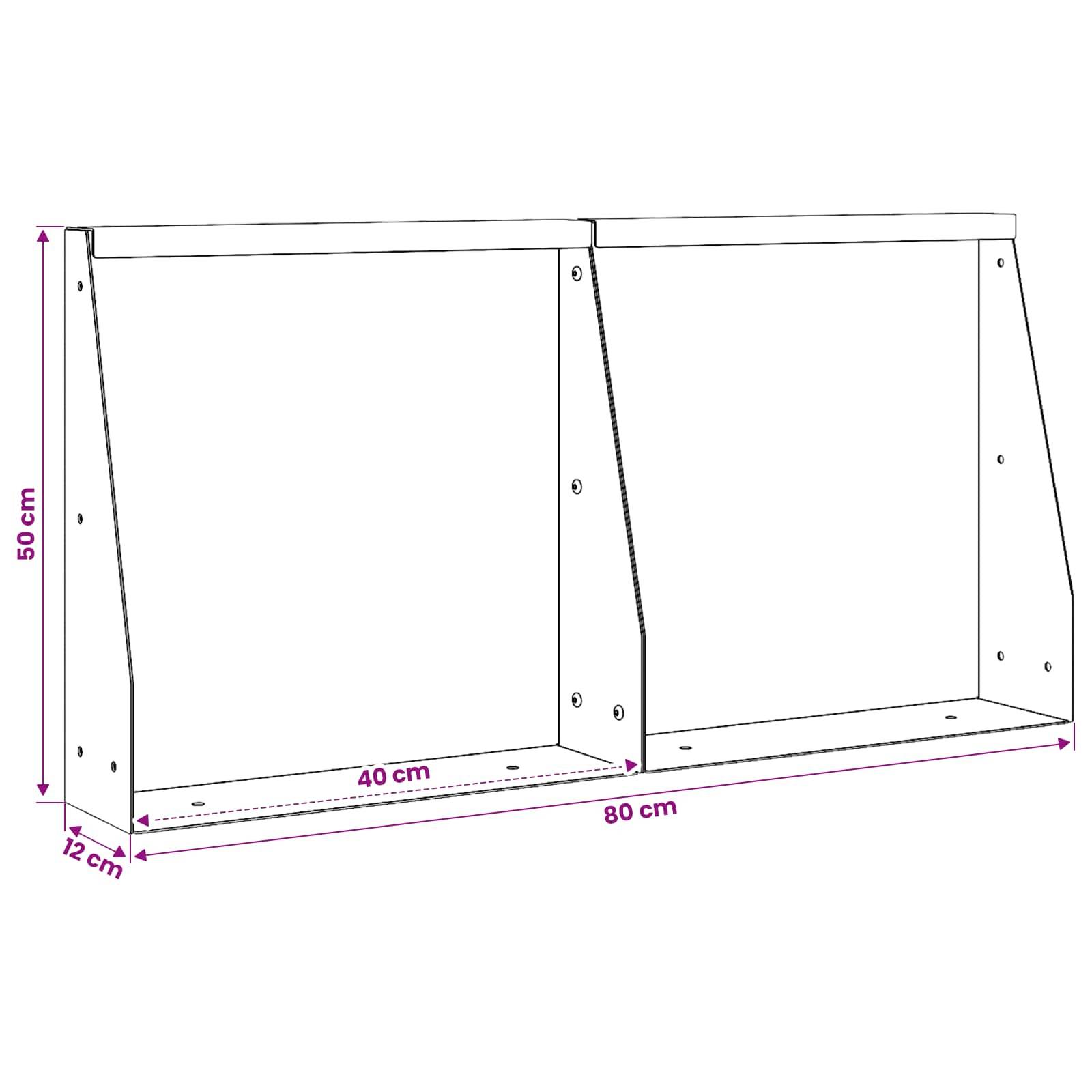 Diagramm eines zweigeteilten offenen Lager- oder Regalkastens, das die Abmessungen 80 cm breit, 50 cm hoch und 12 cm tief zeigt, mit einem 40 cm breiten Trennbereich.