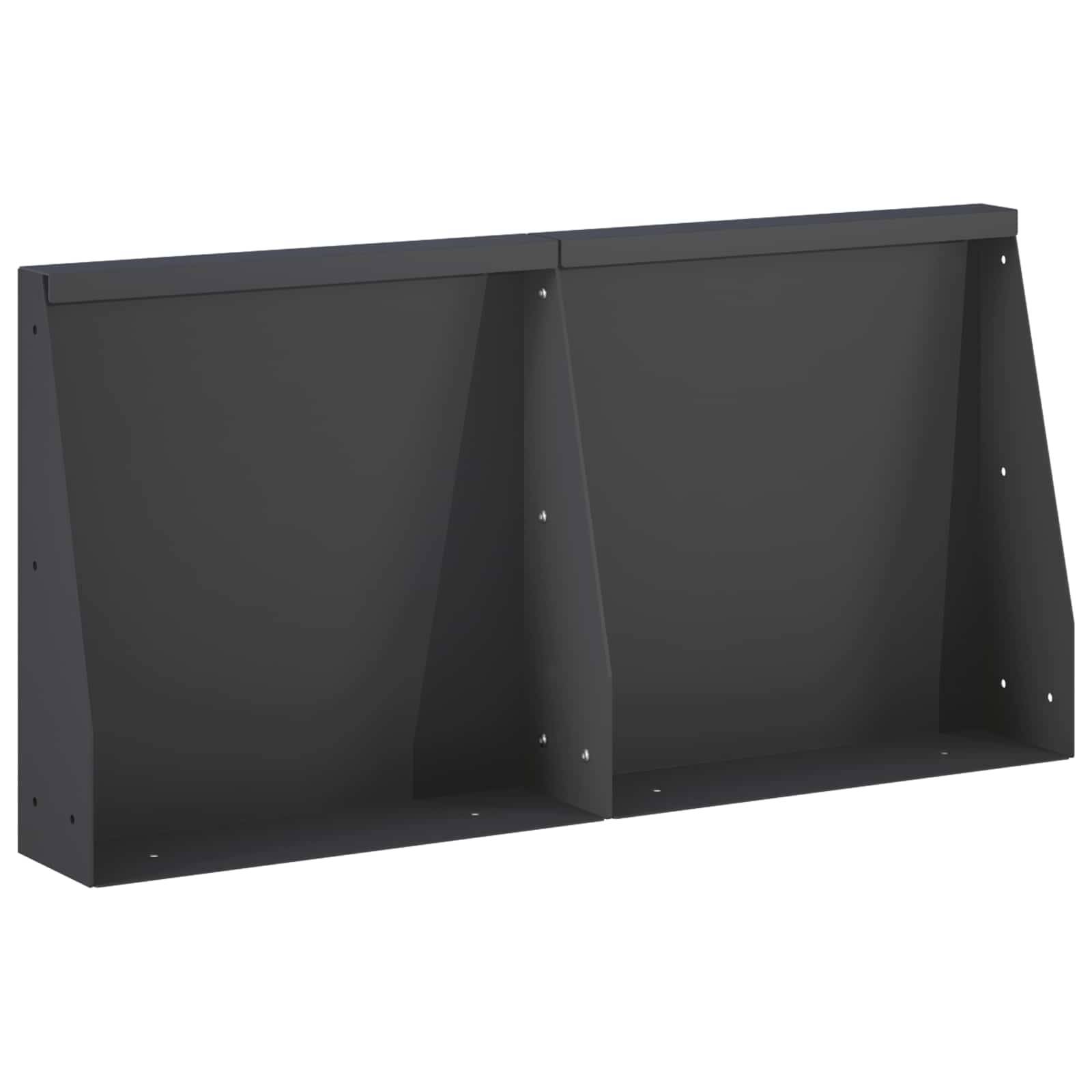 Schwarzes, rechteckiges, an der Wand montiertes Regal oder Schrank mit zwei offenen Fächern und einem zentralen Trennsteg, abgebildet auf weißem Hintergrund.