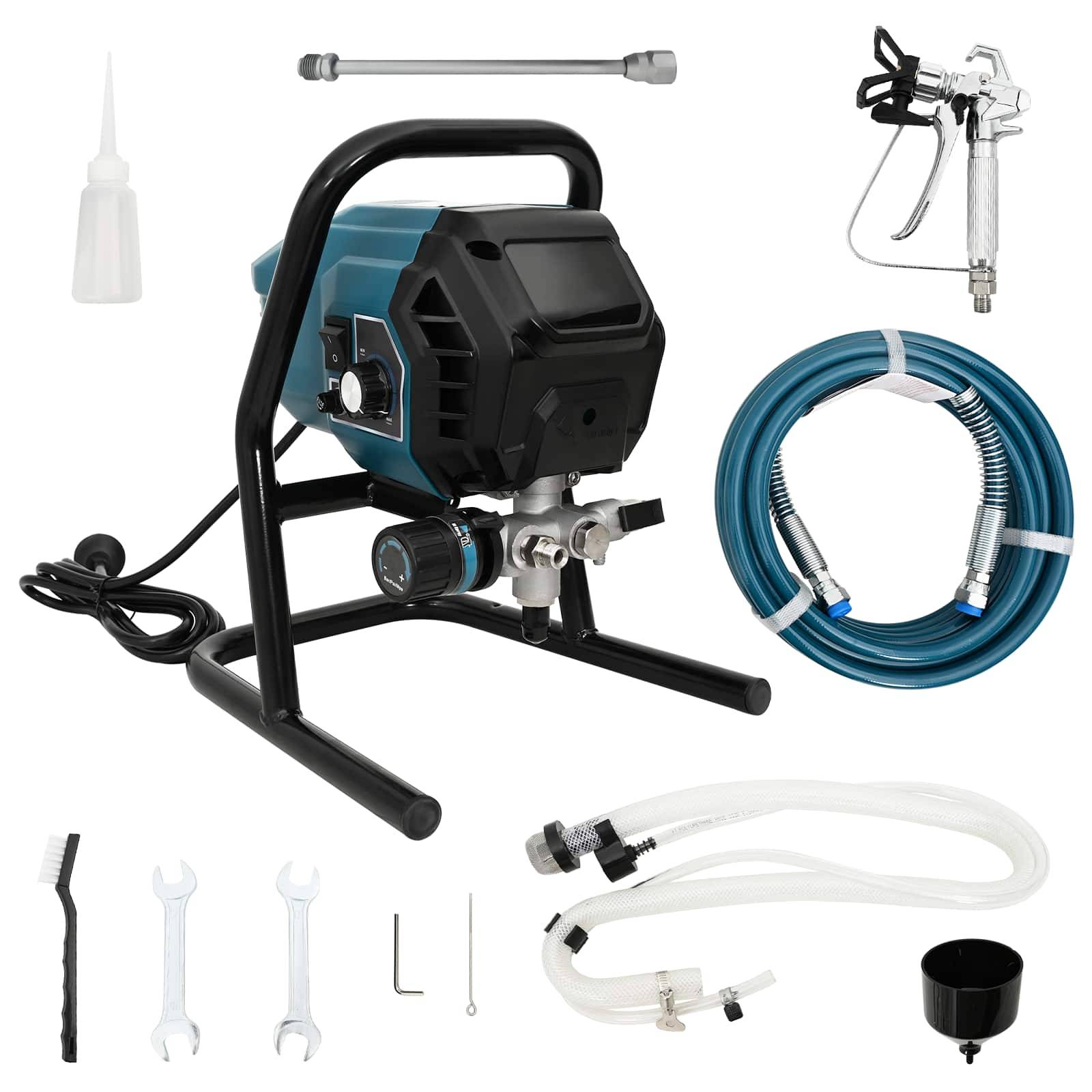 Tragbares Elektro-Farbspritzgerät-Set mit Schlauch, Spritzpistole, Düsen, Schraubenschlüsseln, Reinigungsbürste und Behälter auf weißem Hintergrund.