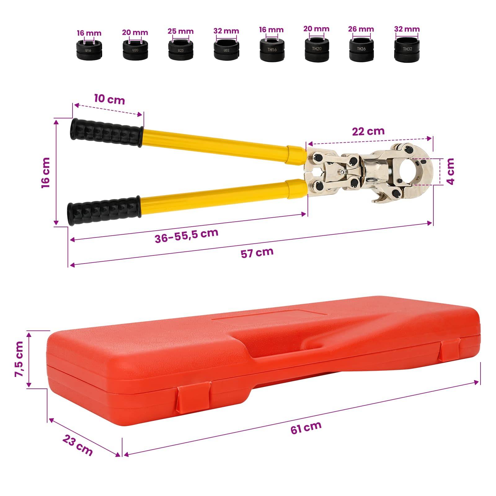 Produktdiagramm eines hydraulischen Crimpwerkzeugs mit austauschbaren Matrizen, mit Größenbereichen, 57 cm Länge, 16 cm Höhe und einem roten Transportkoffer.