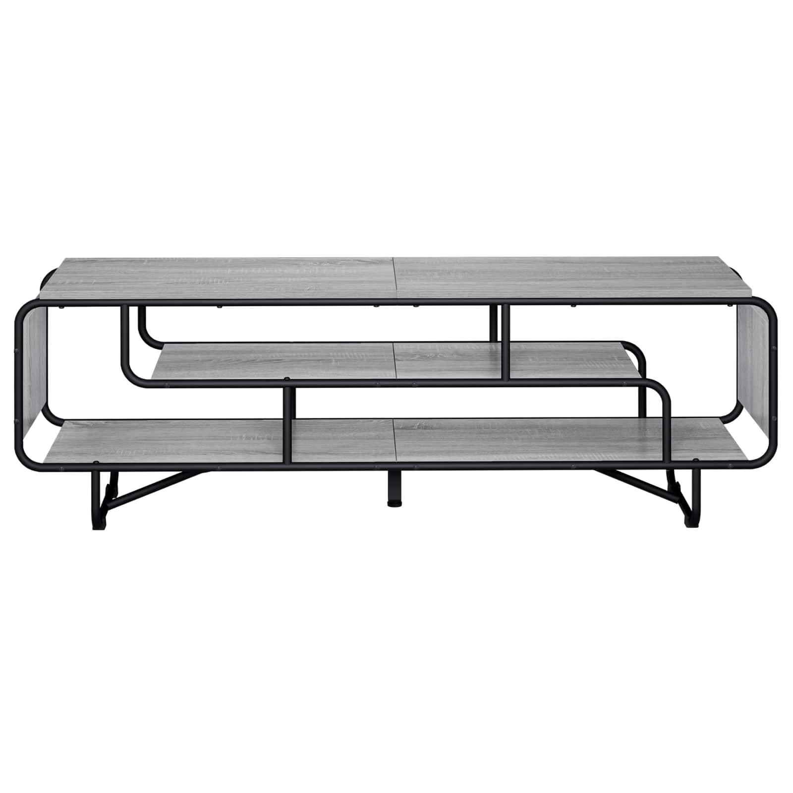 Moderner TV-Ständer mit schwarzem Metallrahmen und grauen Holzregalen, mit einer langen Oberfläche und zwei unteren offenen Regalen.