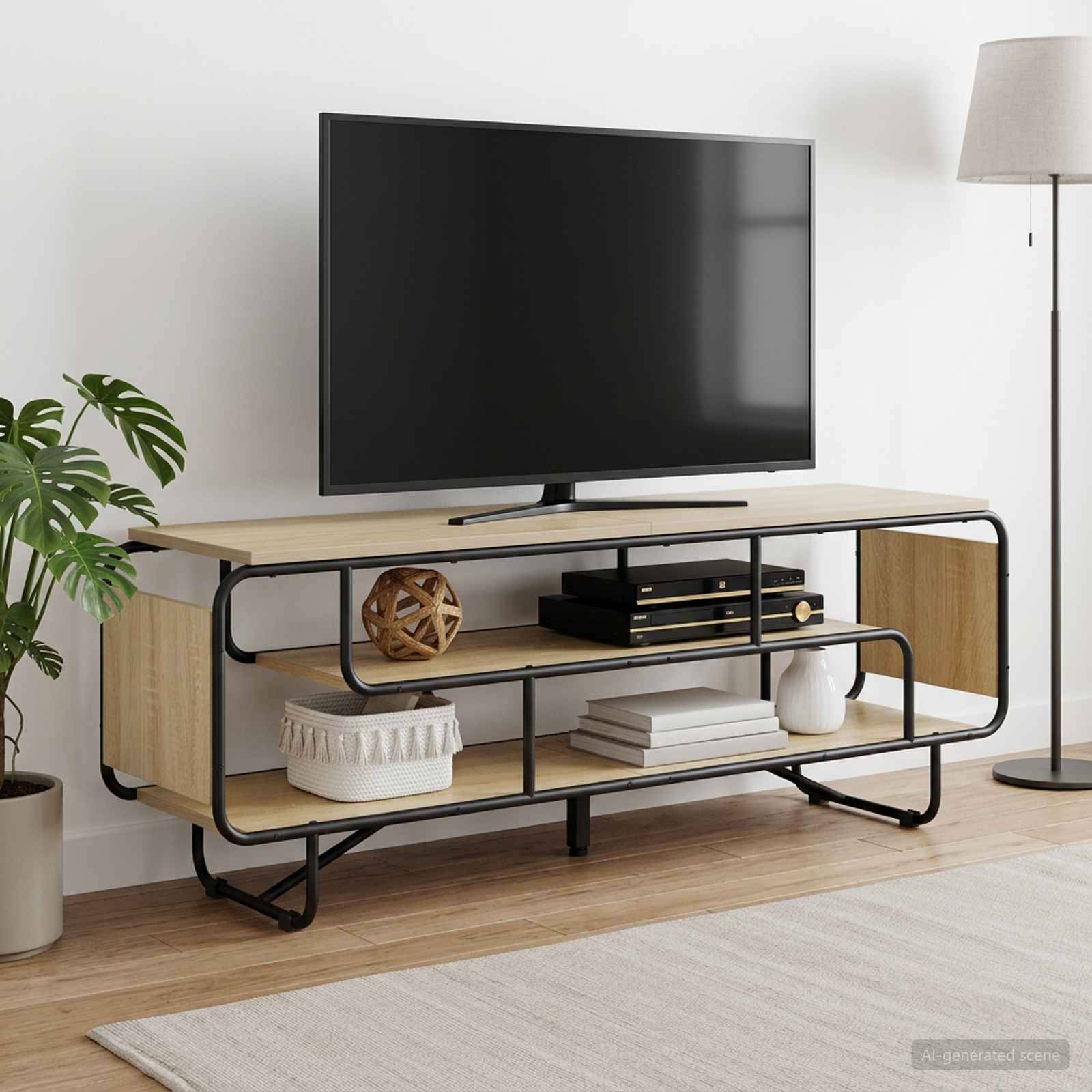 Moderner Fernseher auf einer Medienkonsole aus Holz und schwarzem Metall mit Regalen, Dekoration, einer Pflanze und einer Stehlampe in einem minimalistischen Wohnzimmer.