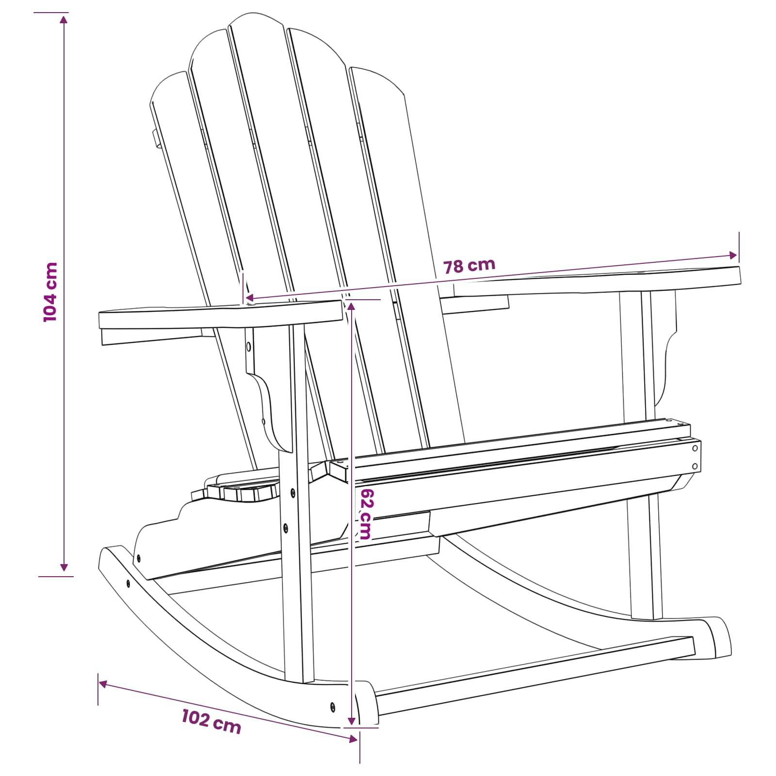 Beschriftete Strichzeichnung eines Schaukelstuhls mit Abmessungen: 104 cm hoch, 102 cm tief, 78 cm breit und 62 cm Sitzhöhe.
