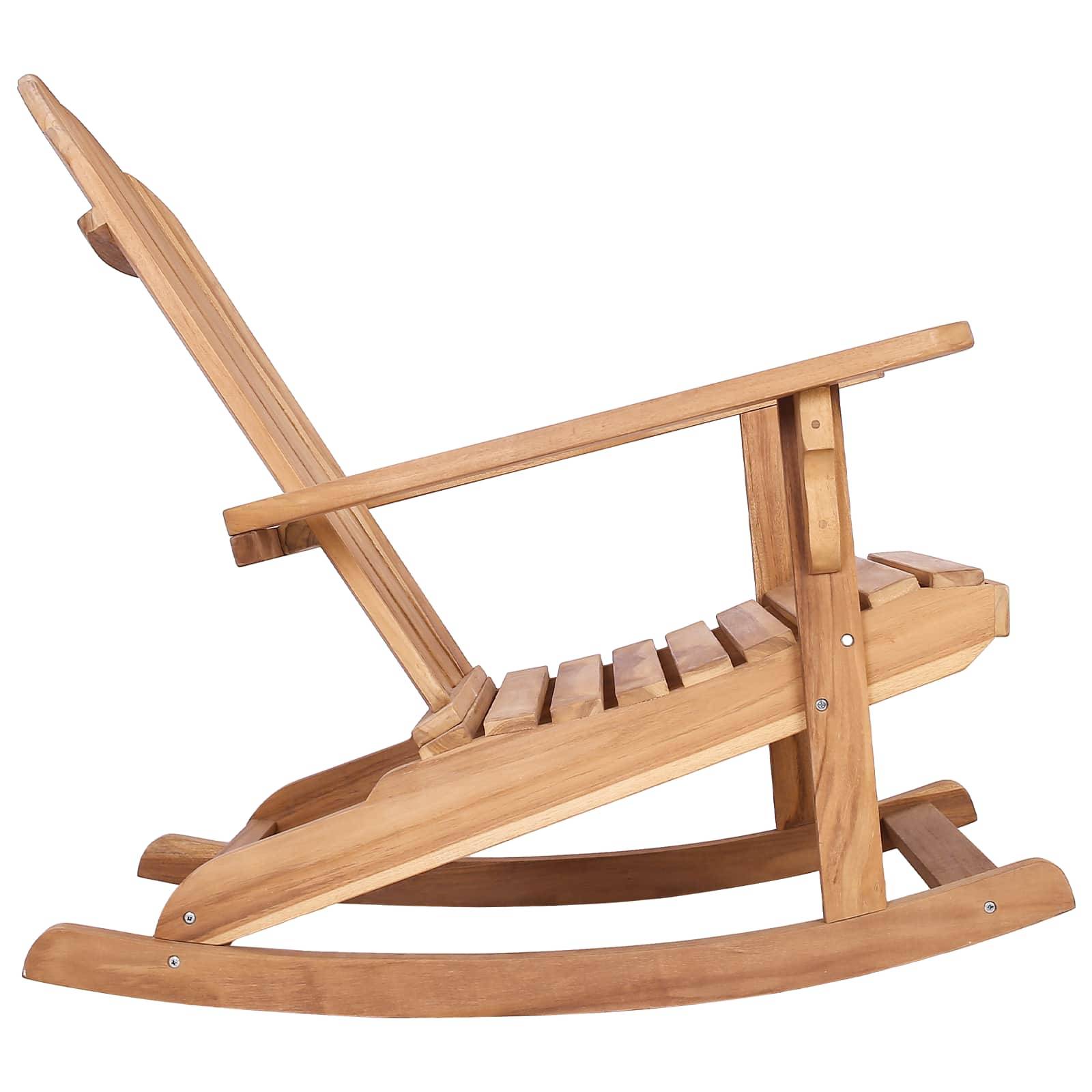 Holzstuhl zum Schaukeln mit hoher gebogener Rückenlehne und Armlehnen, shown in side view on a plain white background.