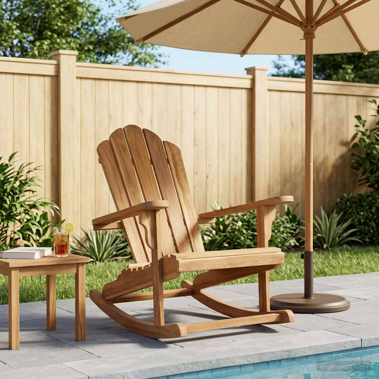 Holzstuhl mit Schaukelfunktion neben einem Terrassenschirm und einem Beistelltisch in einem gestalteten Hinterhof neben einem Pool.