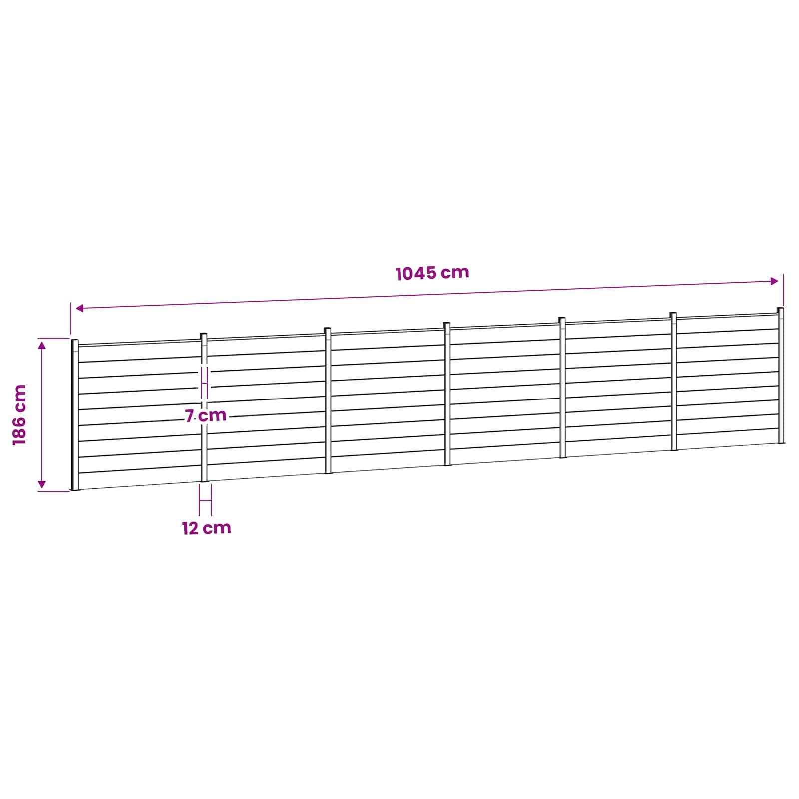 Diagramm eines Lattenzaunelements mit Abmessungen von 1045 cm Länge, 186 cm Höhe, mit 7 cm und 12 cm Abstände, die in einem Abschnitt markiert sind.