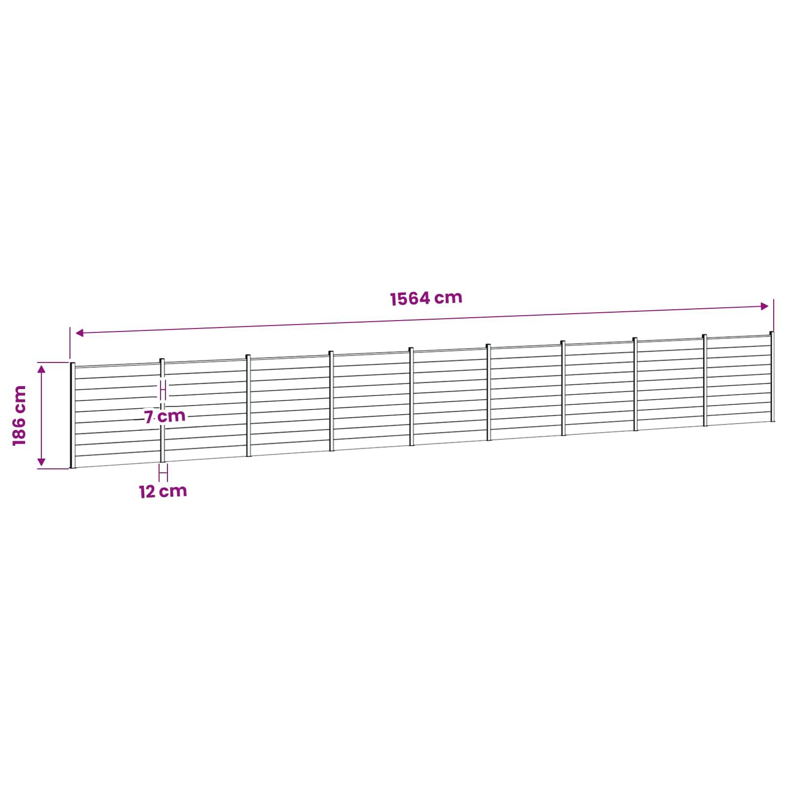 Technische Zeichnung eines langen horizontalen Zaunfeldes mit beschrifteten Abmessungen: 1564 cm breit, 186 cm hoch, 12 cm Pfostenabstand und 7 cm Schienenhöhe.