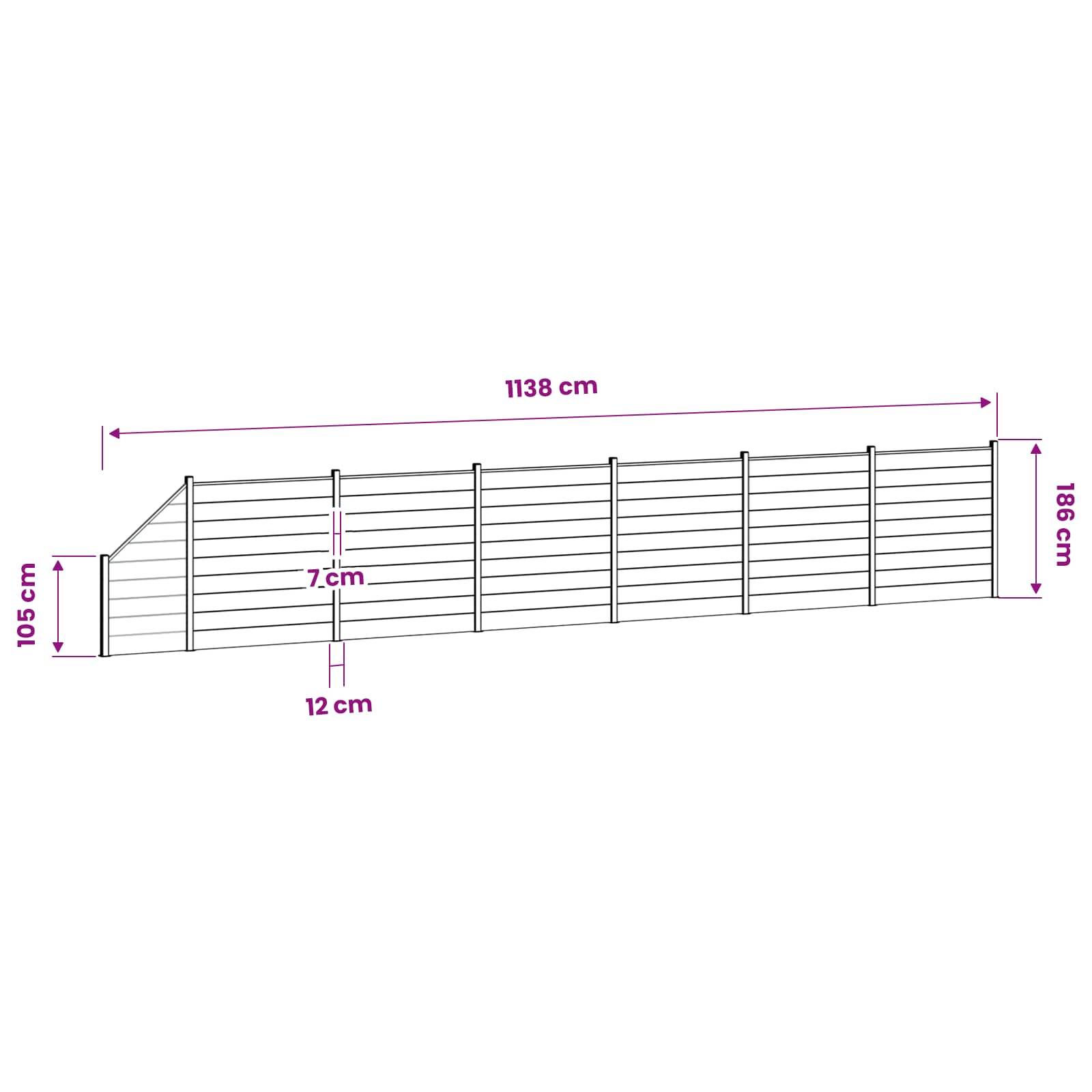 Diagramm eines schrägen Zaunkragarms mit beschrifteten Abmessungen: 1138 cm lang, 186 cm hoch auf der rechten Seite, 105 cm hoch auf der linken Seite, 7 cm und 12 cm innere Abmessungen.