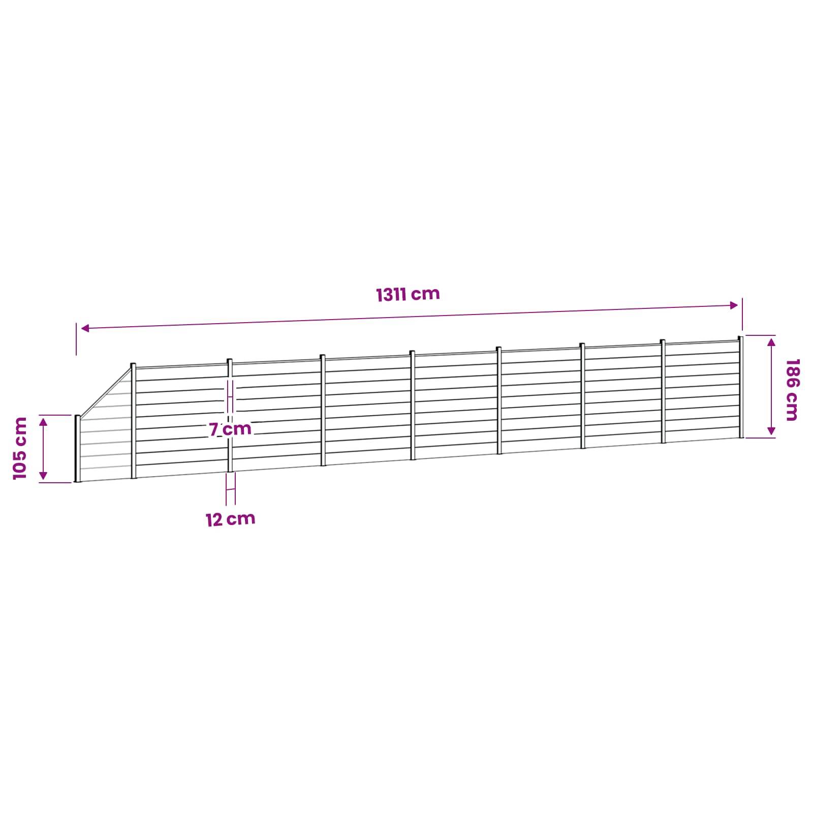 Diagramm eines geneigten Zaunabschnitts mit einer Länge von 1311 cm, einer Höhe von 186 cm auf der rechten Seite und 105 cm auf der linken Seite, mit Pfosten-Abstands-Messwerten von 7 cm und 12 cm.