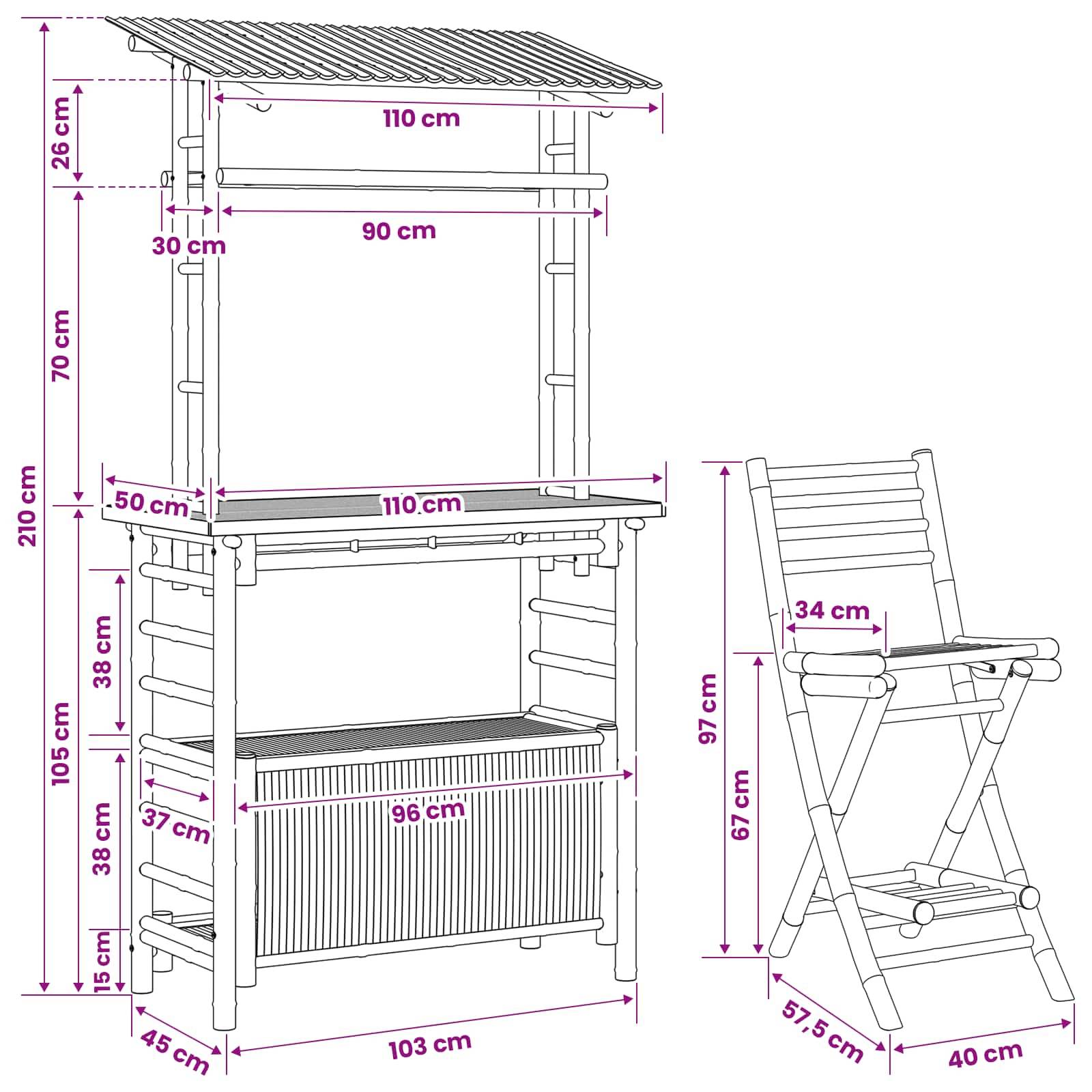 Maßstabgerechte Zeichnung eines Holzhochstuhls und eines klappbaren Tabletttisches mit Gesamtabmessungen und wichtigen Maßen in Zentimetern.