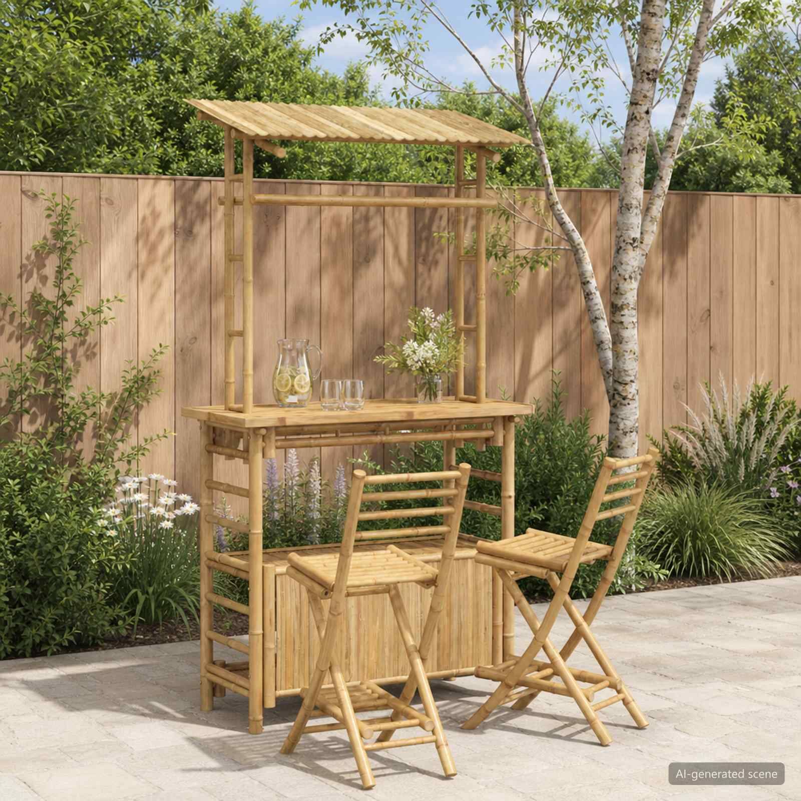 Holztisch für Außenbar mit zwei Klappstühlen auf einer gestalteten Terrasse neben einem Zaun und einem Baum.