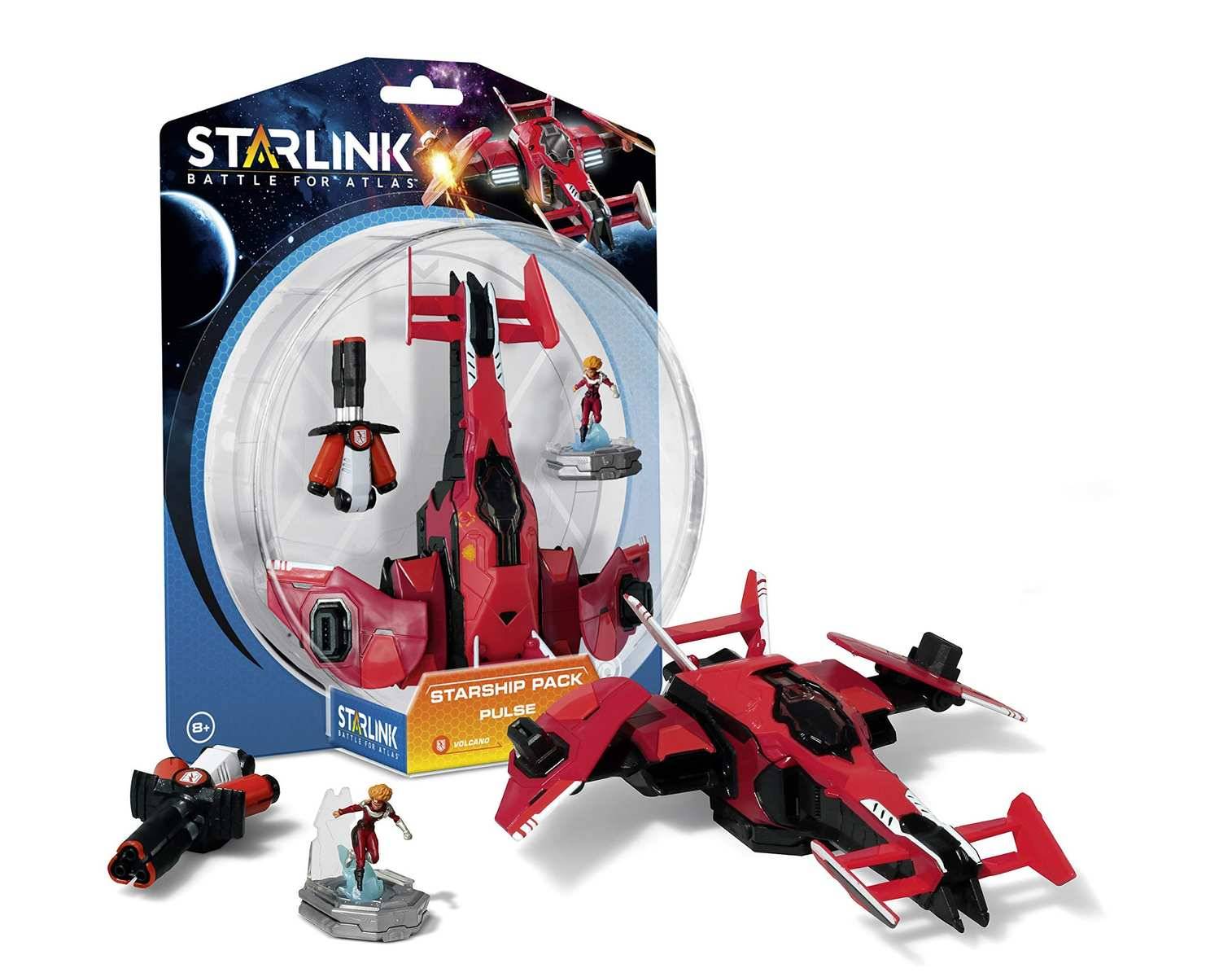 Starlink Battle for Atlas Starship Pack Pulse Spielzeugset mit einem roten Raumschiff, zwei Figuren und Verpackung auf weißem Hintergrund angezeigt.