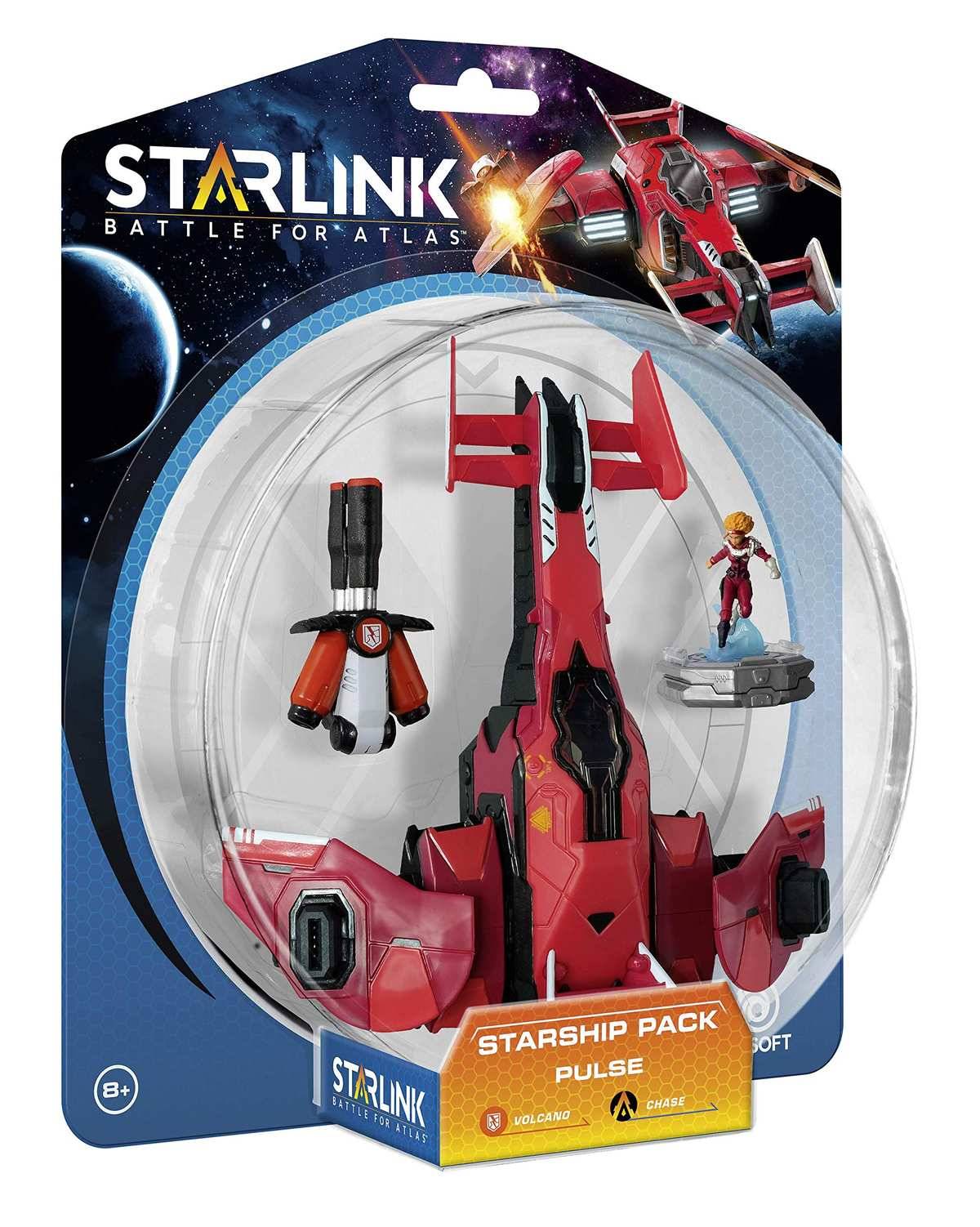 Starlink: Battle for Atlas 'Starship Pack' Spielzeugset in Verpackung, zeigt ein rotes Raumschiffmodell mit angebrachten Teilen und einer kleinen Pilotenfigur.