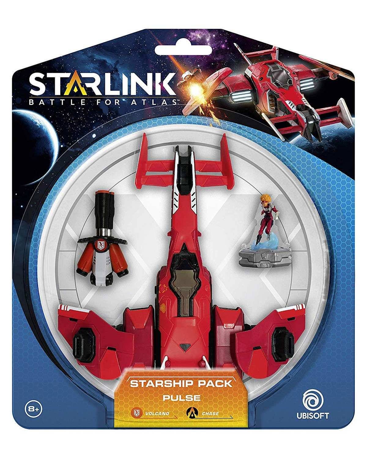 Verpackung für Starlink: Battle for Atlas Starship Pack Pulse, die ein rotes Raumschiff-Spielzeug und eine kleine Charakterfigur in einer Blisterpackung zeigt.