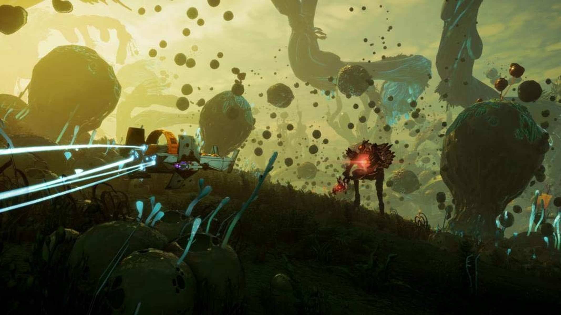 Eine Science-Fiction-Kampfszene mit blauem Laserfeuer, das auf einen leuchtenden gepanzerten Feind trifft, umgeben von schwebenden Felsen und Trümmern in einer gelben außerirdischen Landschaft.
