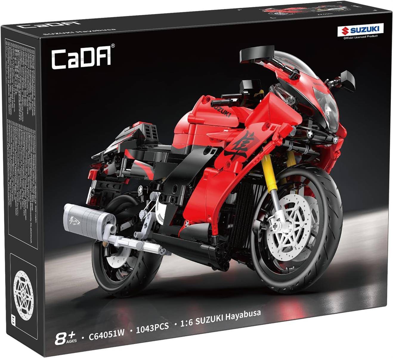 Verpackungskunstwerk für ein CaDA Suzuki Hayabusa Bauset, das ein rotes Sportmotorrad-Modell zeigt; gekennzeichnet mit 8+, 1043 Teilen, Maßstab 1:6.