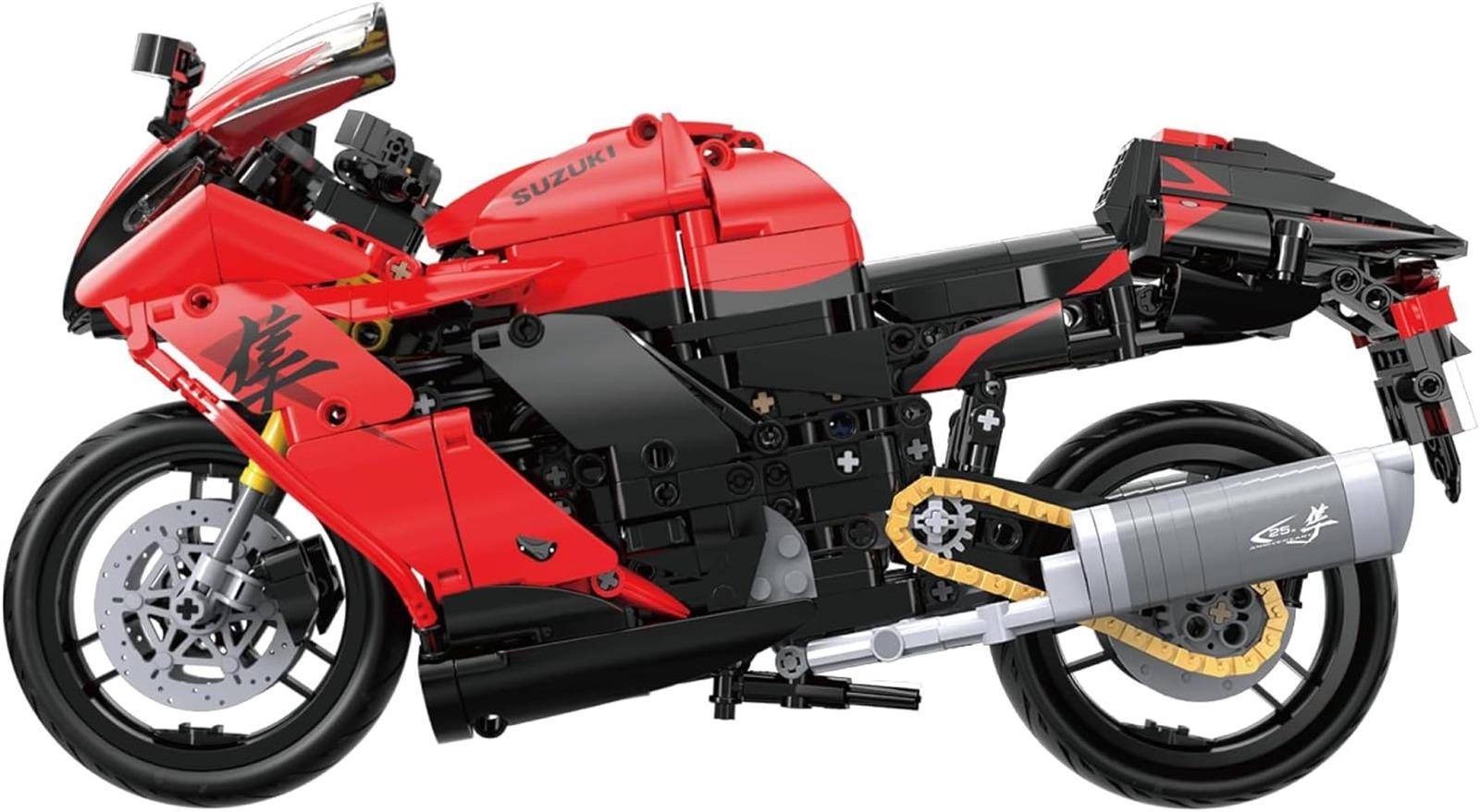 Rotes und schwarzes Sportmotorrad in Seitenansicht, dargestellt als Lego-ähnliches Modell auf weißem Hintergrund.