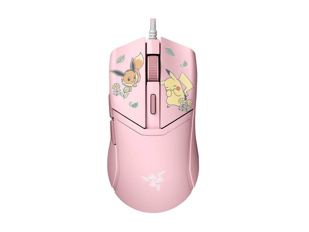 Rosa kabelgebundene Gaming-Maus mit Pikachu- und Evoli-Artwork auf der Oberseite und einem weißen Logo auf der Handfläche.