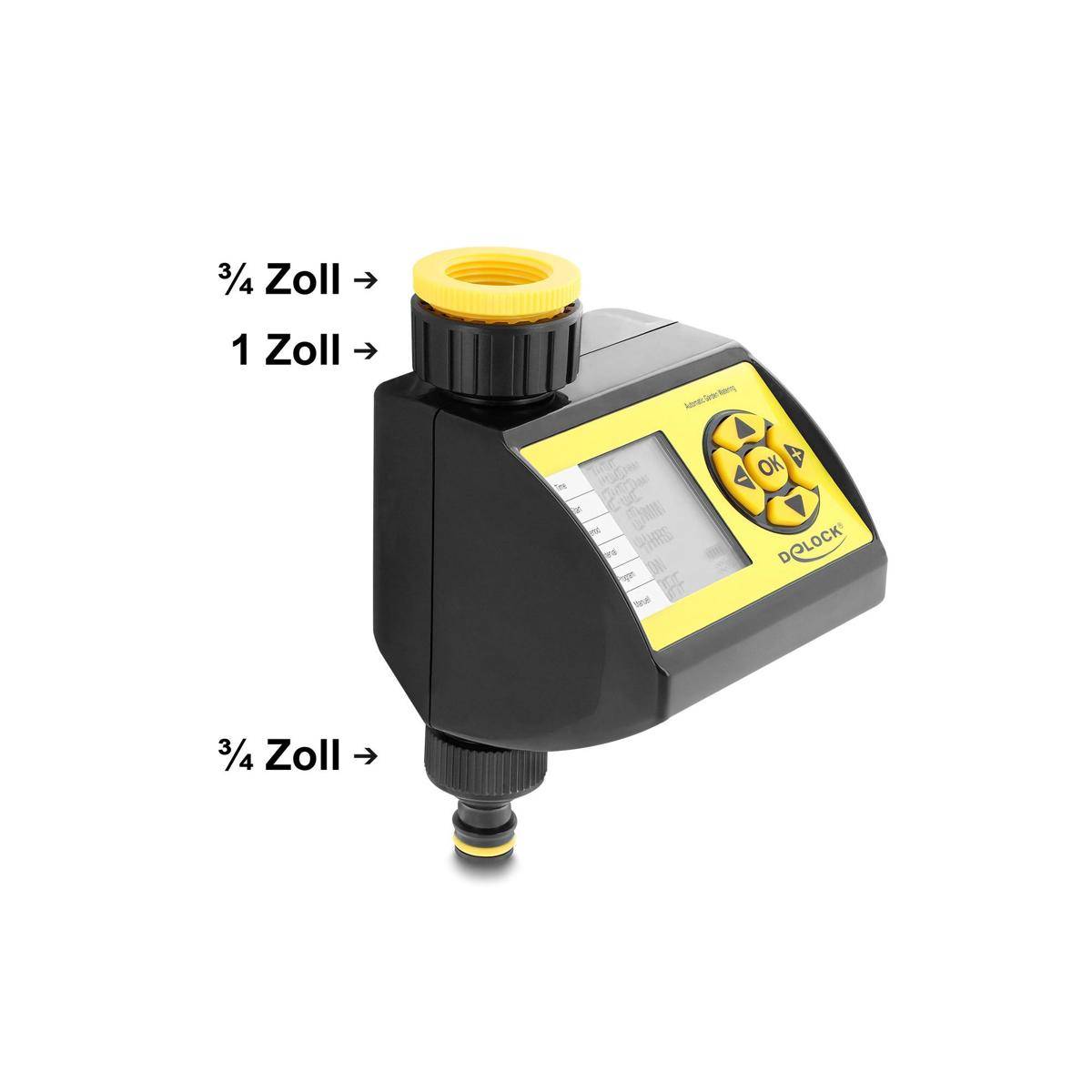 Schwarzes und gelbes elektronisches Bewässerungszeitgerät/Steuergerät mit Pfeilen, die 3/4-Zoll- und 1-Zoll-Schlauchverbindungen beschriften.