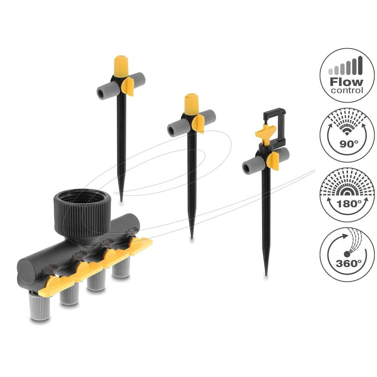 Verstellbares Gartenbewässerungsspritzsystem mit drei Spitzsprinklern und einem Verteiler, das Durchflussregelung und 90°-, 180°-, 360°-Sprühoptionen zeigt.