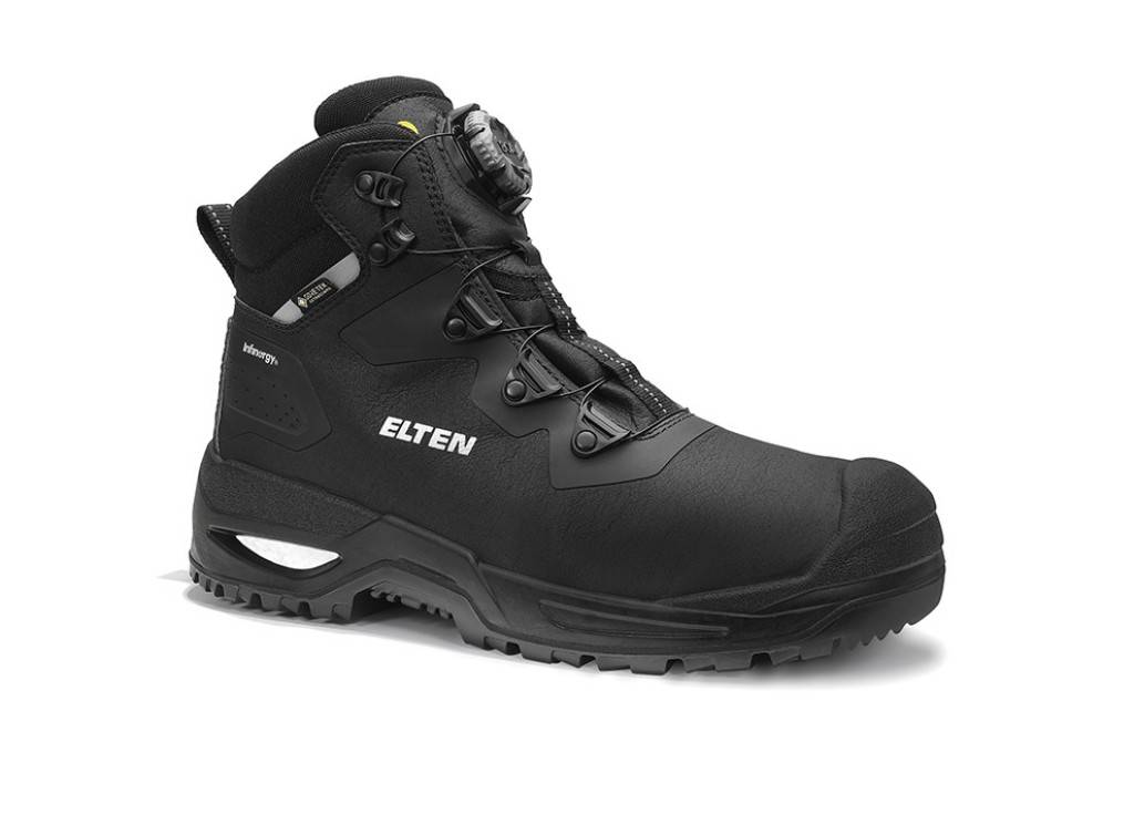 Schwarzer ELTEN Sicherheitsstiefel mit hohem Schaft, Schnürverschluss und robuster Sohle, in Seitenansicht auf weißem Hintergrund dargestellt.