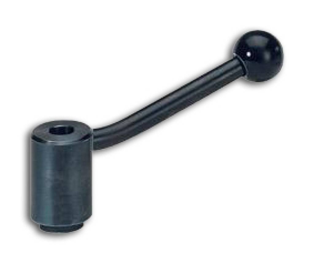 Schwarzer Metall-Kurbel mit rundem Knopf, angebracht an einer zylindrischen Basis.