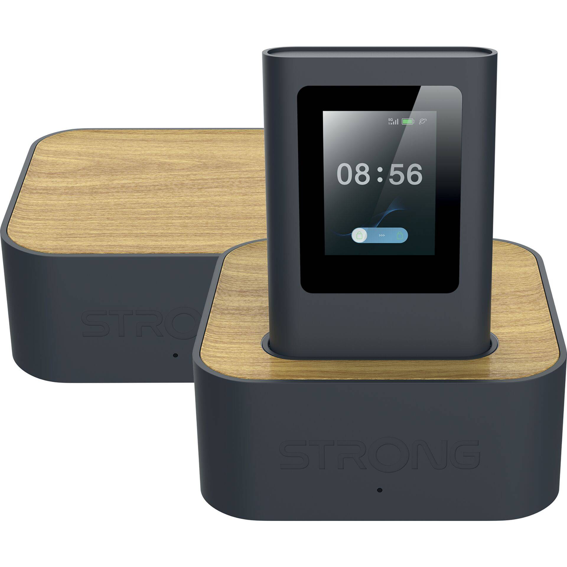 Zwei schwarz-holz-Ladestationen, eine mit einem kleinen Touchscreen auf der Vorderseite, der 08:56 anzeigt.