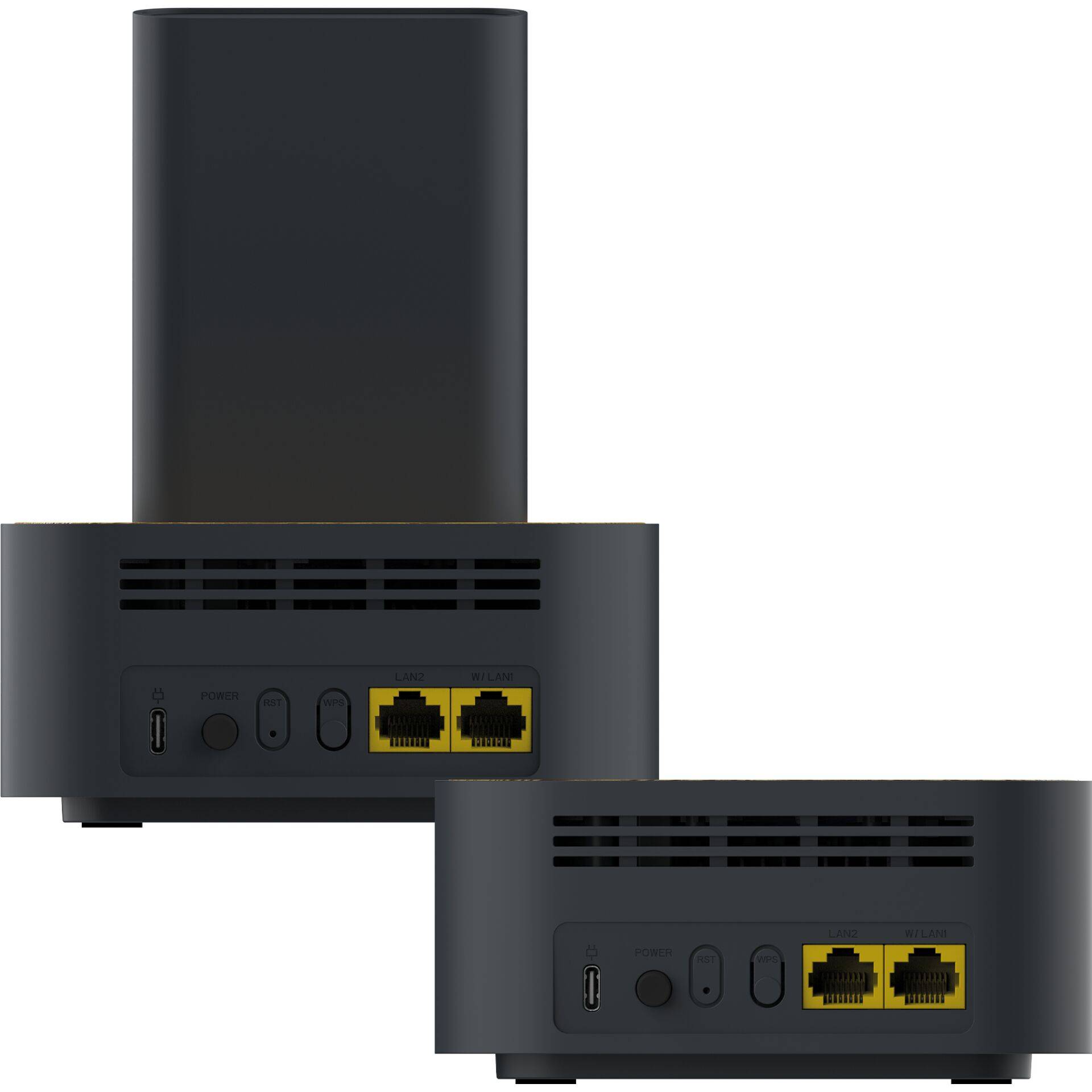 Zwei Ansichten eines schwarzen Netzwerkgeräts, das die hinteren Anschlüsse zeigt, einschließlich zwei gelber Ethernet-Buchsen, einen Stromversorgungsanschluss und Belüftungsschlitze.