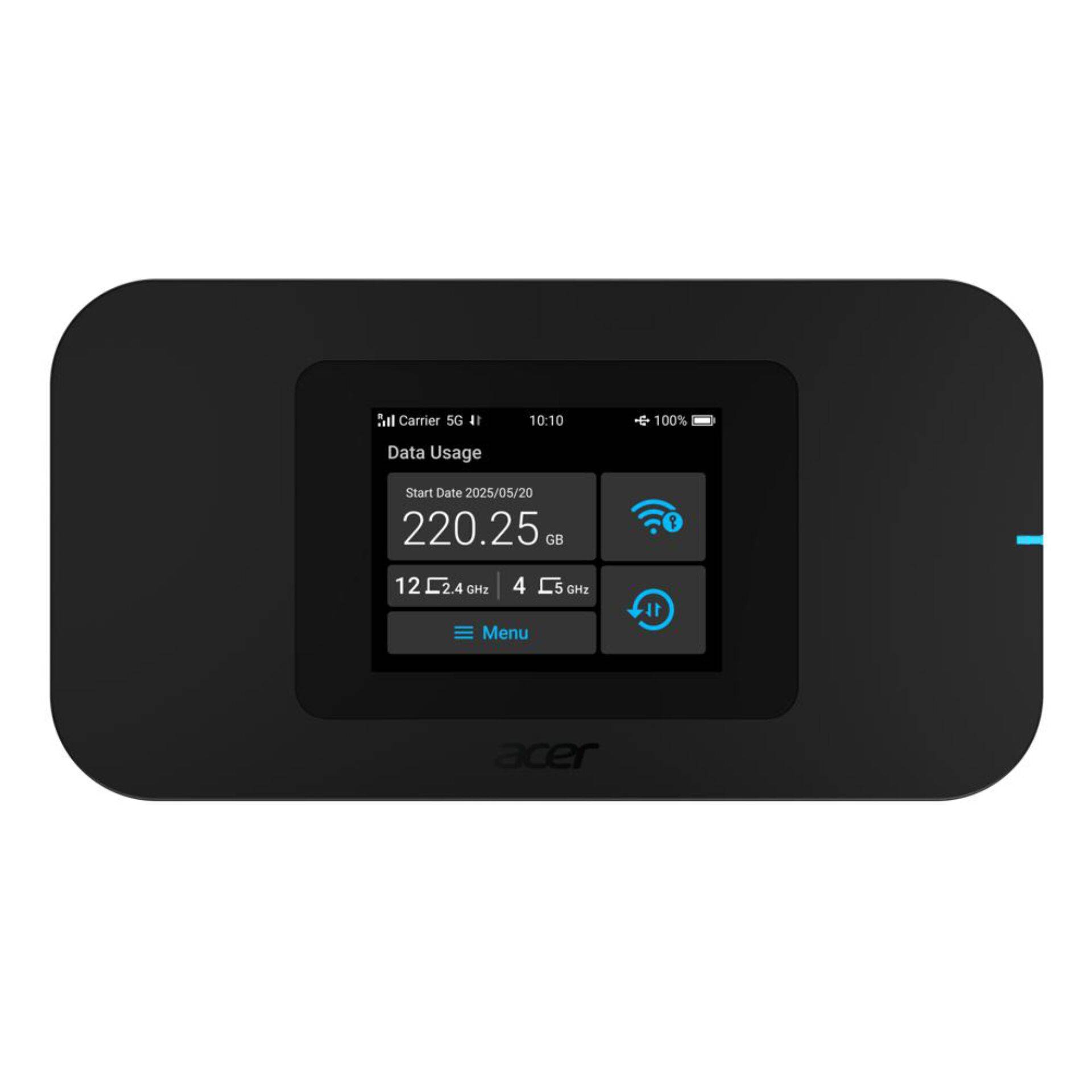 Ein schwarzer tragbarer Acer-Hotspot/Router mit einem kleinen Touchscreen, der die Datennutzung, den Wi-Fi-Status, die 2,4-GHz- und 5-GHz-Bänder und ein Menüsymbol anzeigt.
