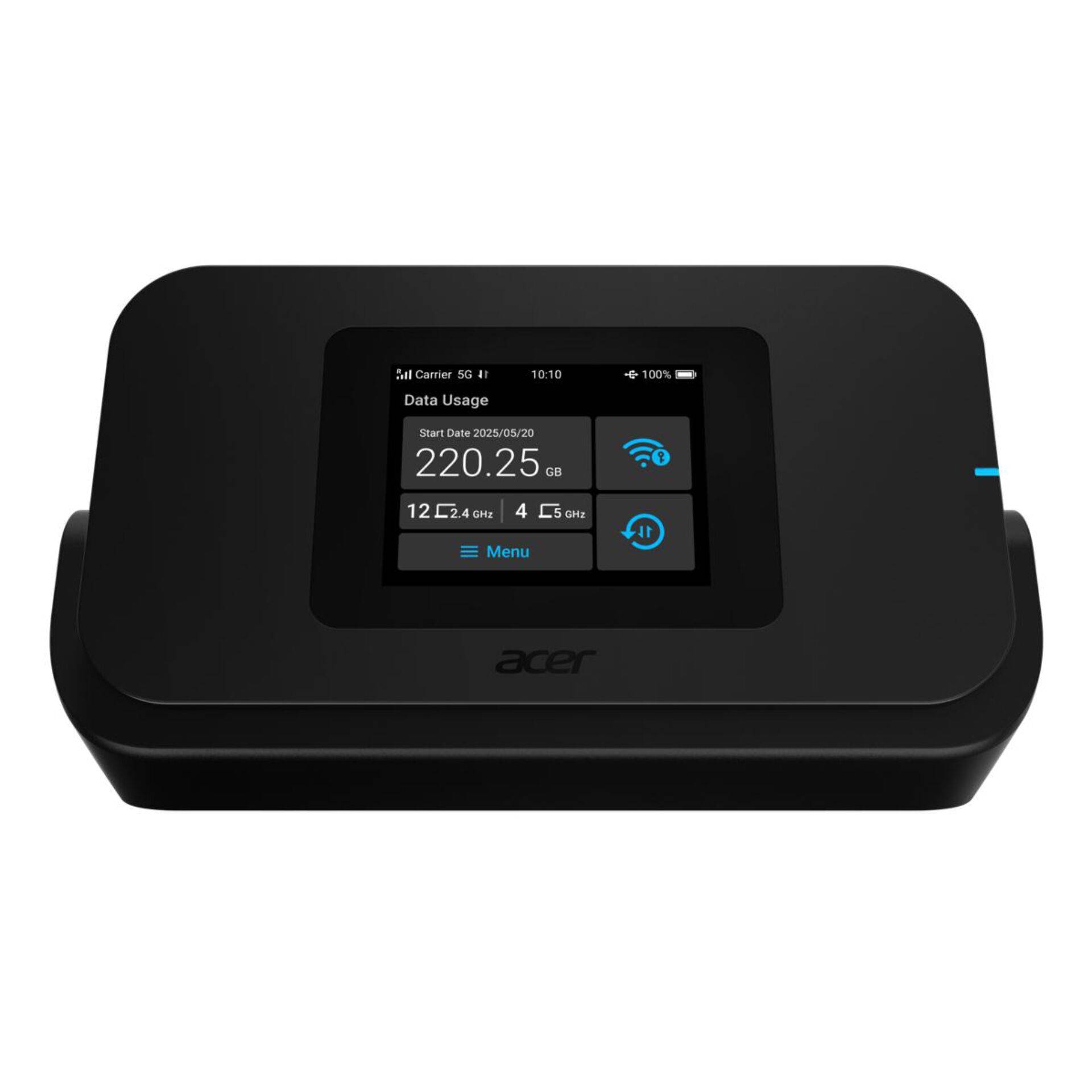 Schwarzer Acer-Mobiler Hotspot/Router mit kleinem Touchscreen, das Datennutzung, Wi-Fi-Status und Menüoptionen anzeigt.