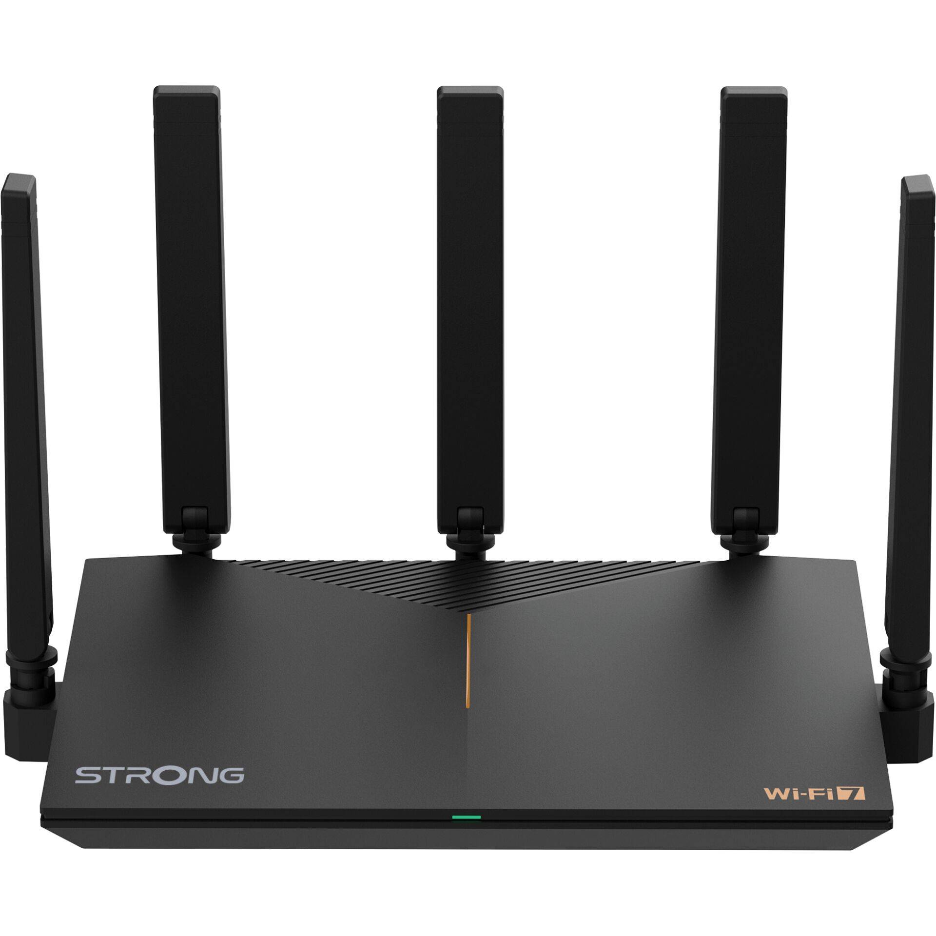 Schwarzer STRONG Wi-Fi 7 Router mit sechs aufrecht stehenden Antennen auf weißem Hintergrund.