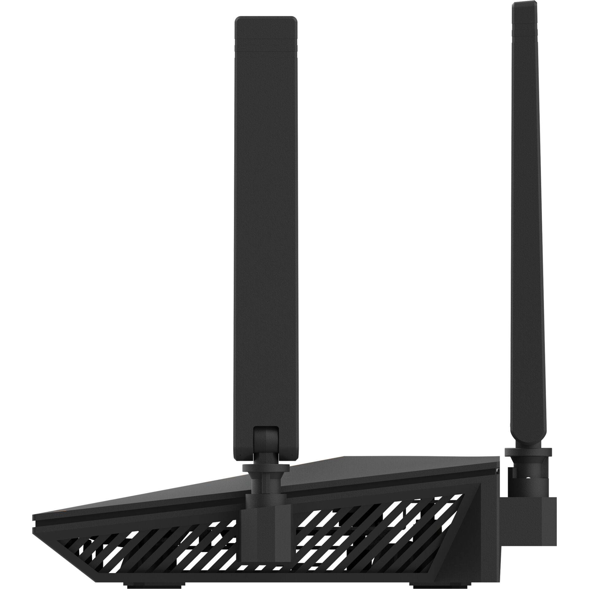 Schwarzer WLAN-Router mit Dualantenne und elegantem, belüftetem Fuß auf weißem Hintergrund.