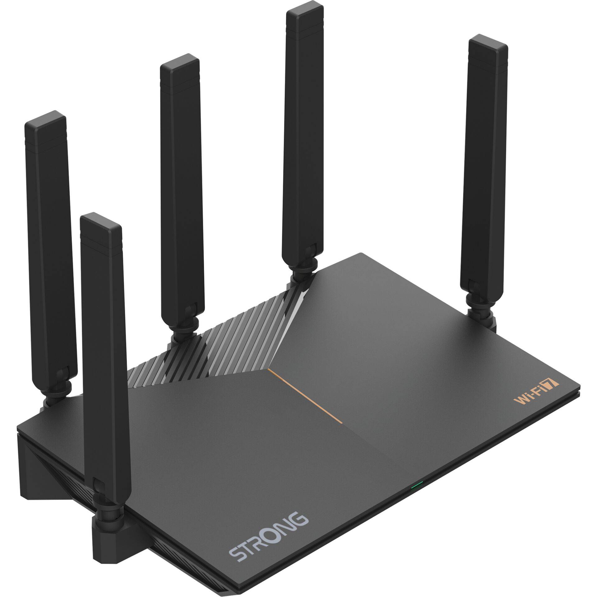 Schwarzer STRONG WiFi-Router mit vier externen Antennen, dargestellt in einer produktgestalteten Ansicht auf weißem Hintergrund.