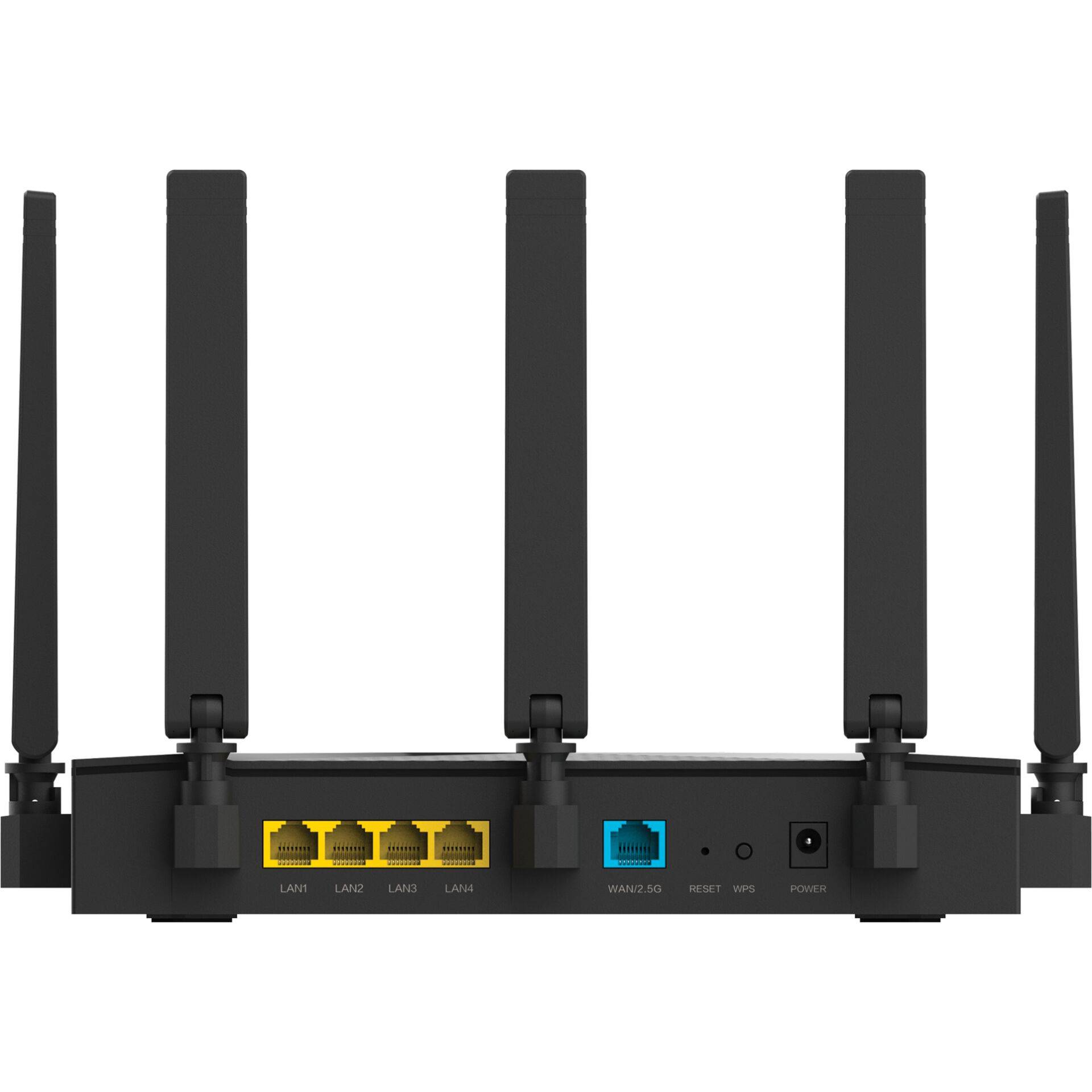 Schwarzer kabelloser Router mit sechs Antennen, vier gelben LAN-Anschlüssen, einem blauen WAN-Anschluss, Rücksetztaste und Stromversorgungsbuchse auf der Rückseite