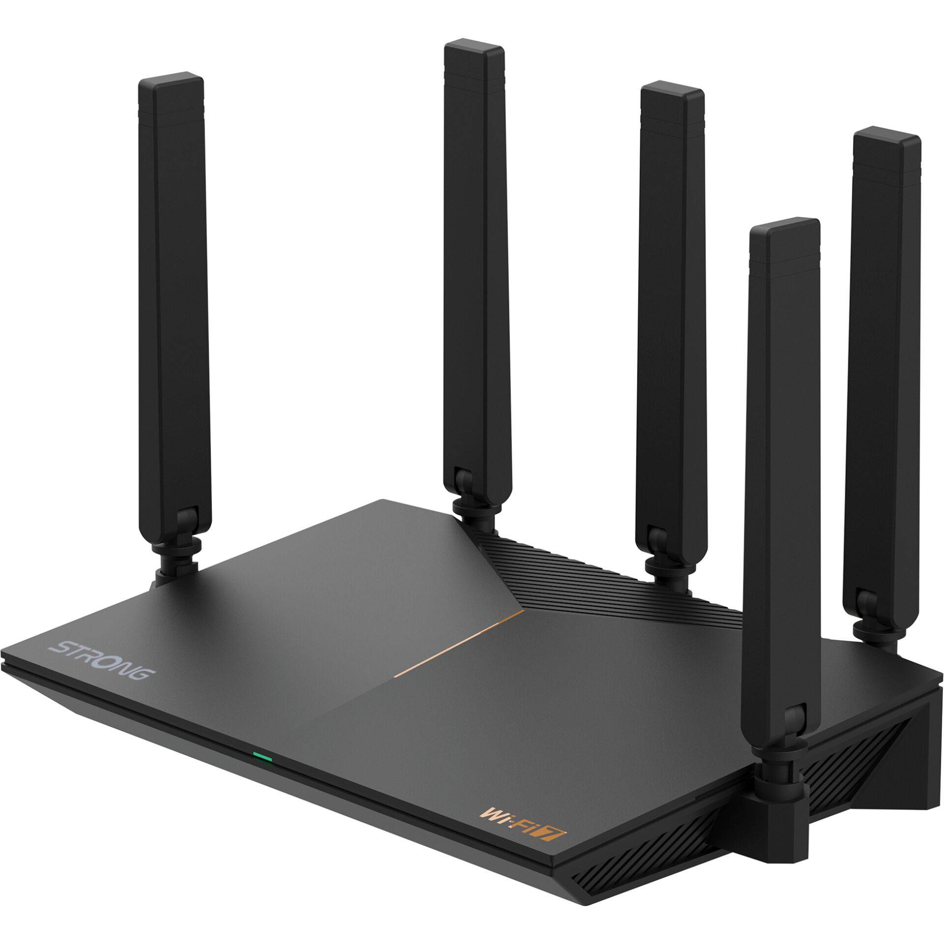 Schwarzer STRONG Wi-Fi-Router mit fünf externen Antennen, auf weißem Hintergrund dargestellt.