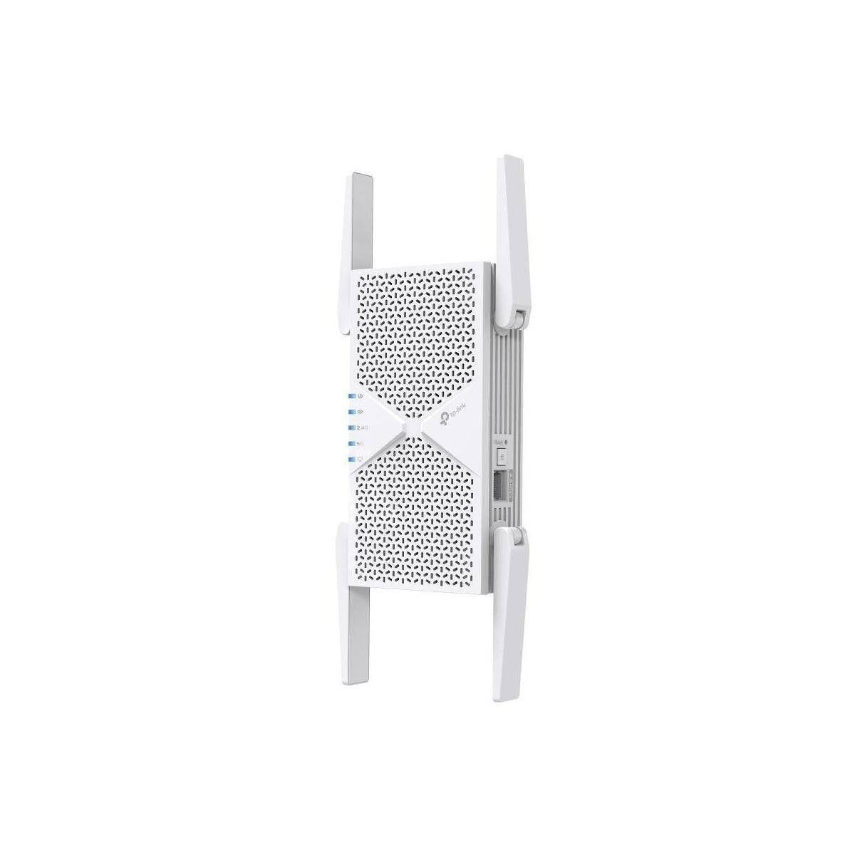 Weißer WLAN-Reichweitenverstärker mit zwei Antennen und LED-Statusleuchten, gezeigt auf schlicht weißem Hintergrund.
